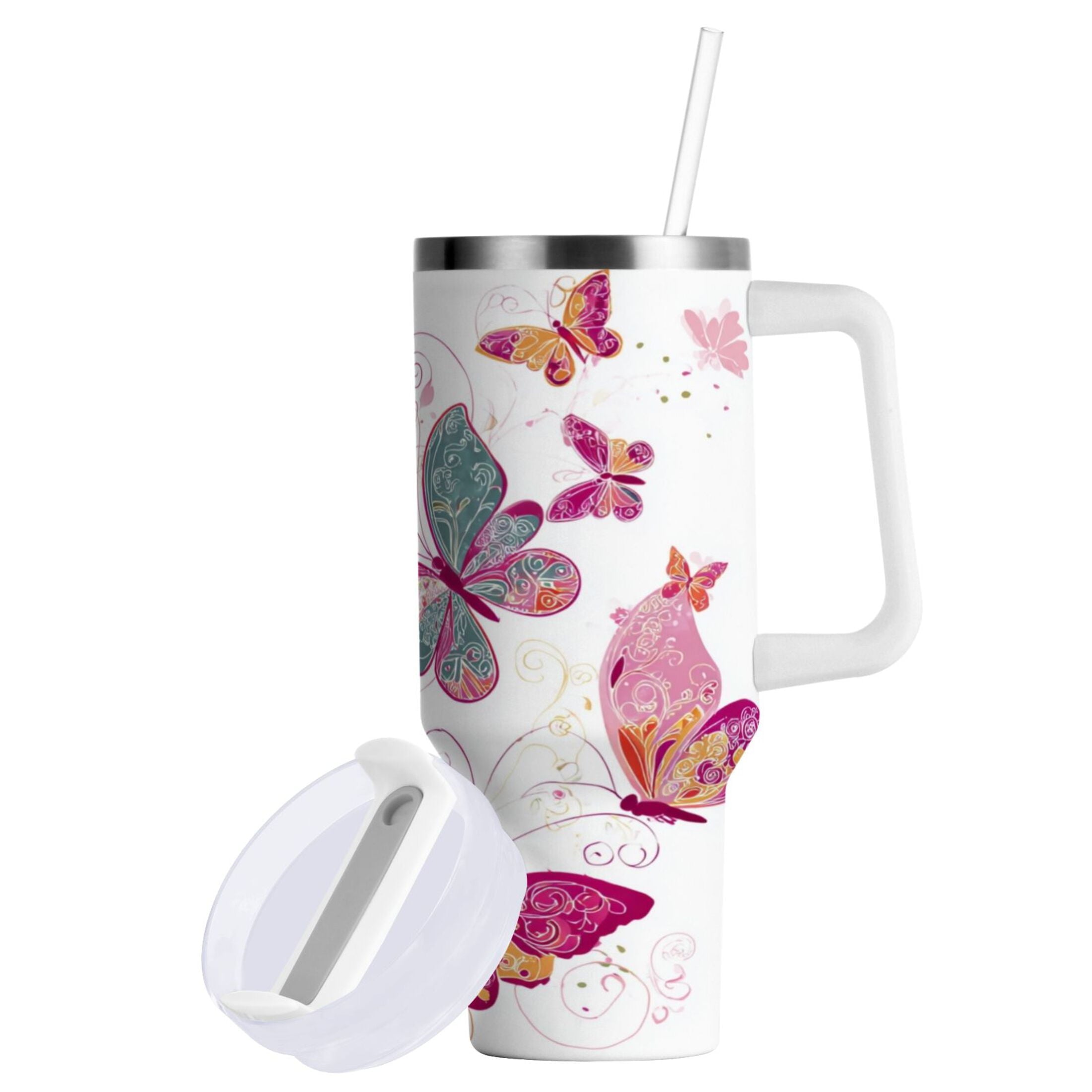 30 oz Insulated Stainless Steel Tumbler Double Wall Stainless Steel Tumbler with 2-Way Drinking Colorful Butterflies C605U