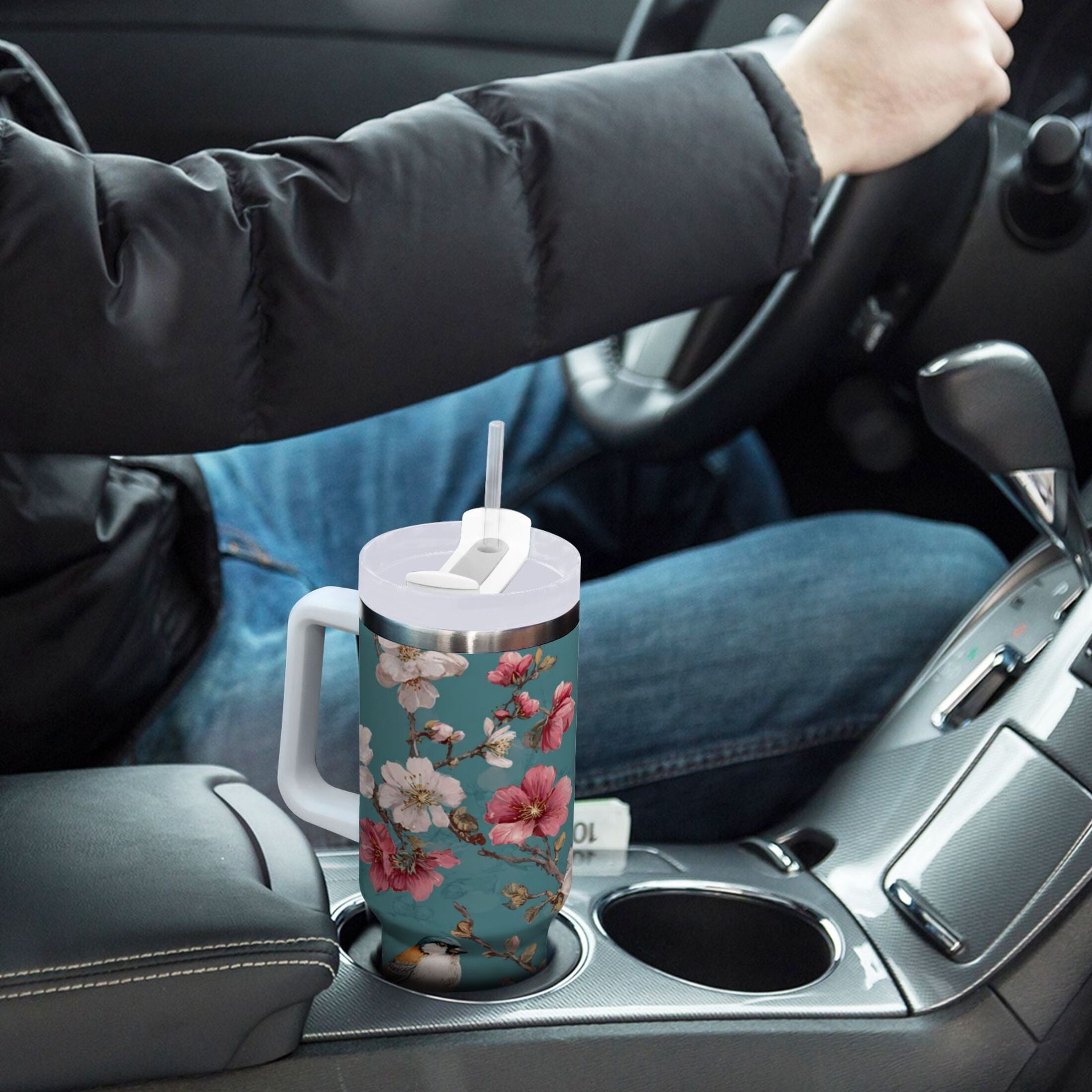 30 oz Insulated Stainless Steel Tumbler Double Wall Stainless Steel Tumbler with 2-Way Drinking Birds and Cherry Pattern C537C