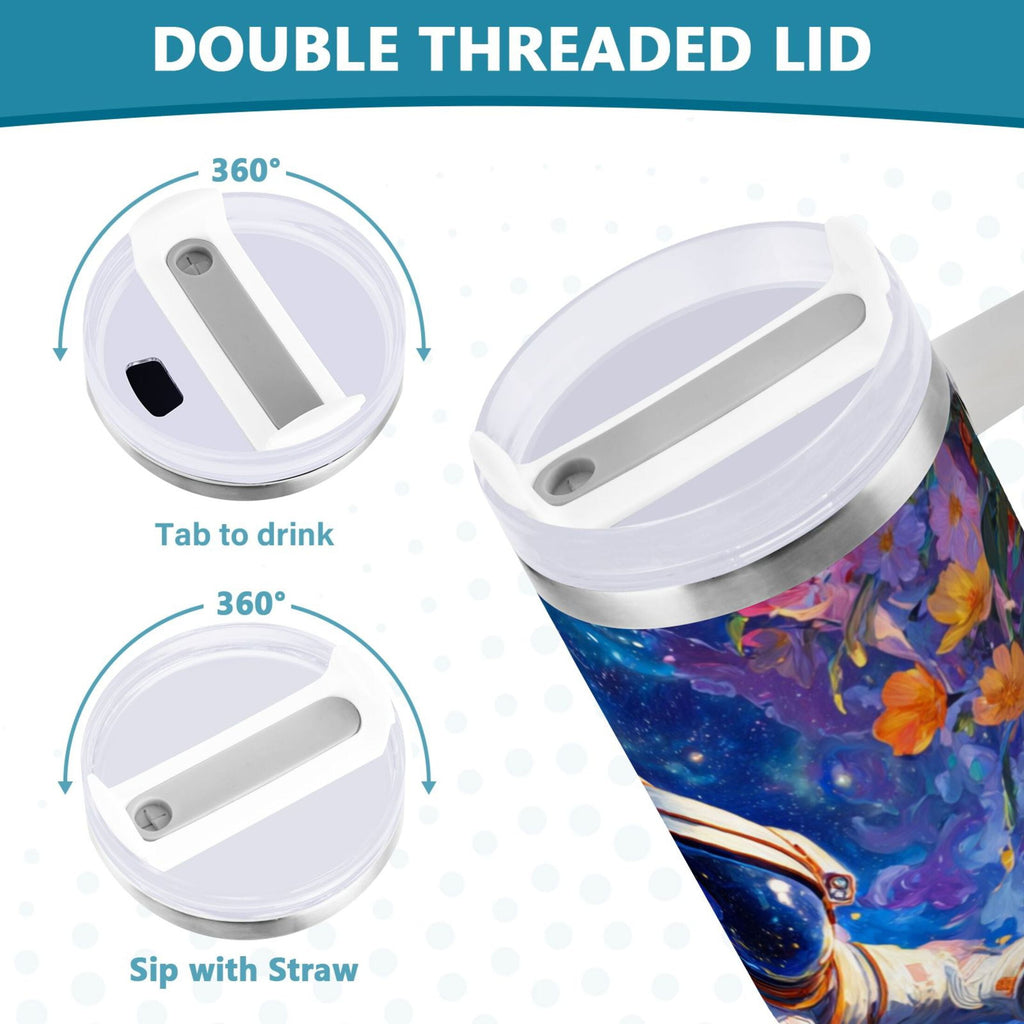 40 oz Insulated Stainless Steel Tumbler Double Wall Stainless Steel Tumbler with 2-Way Drinking Astronaut and Colorful Flowers C562V