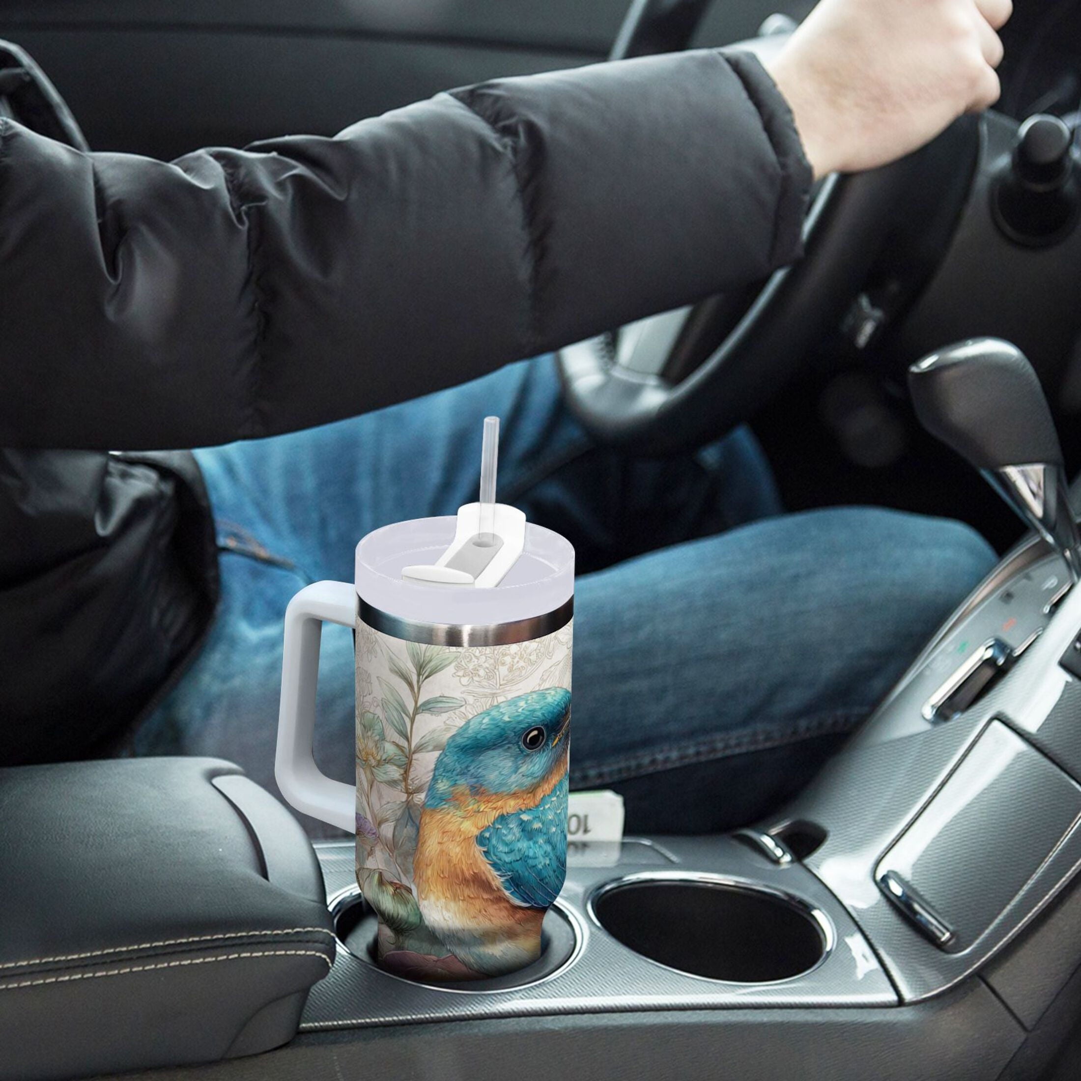 30 oz Insulated Stainless Steel Tumbler Double Wall Stainless Steel Tumbler with 2-Way Drinking Bluebird and Flower C538C