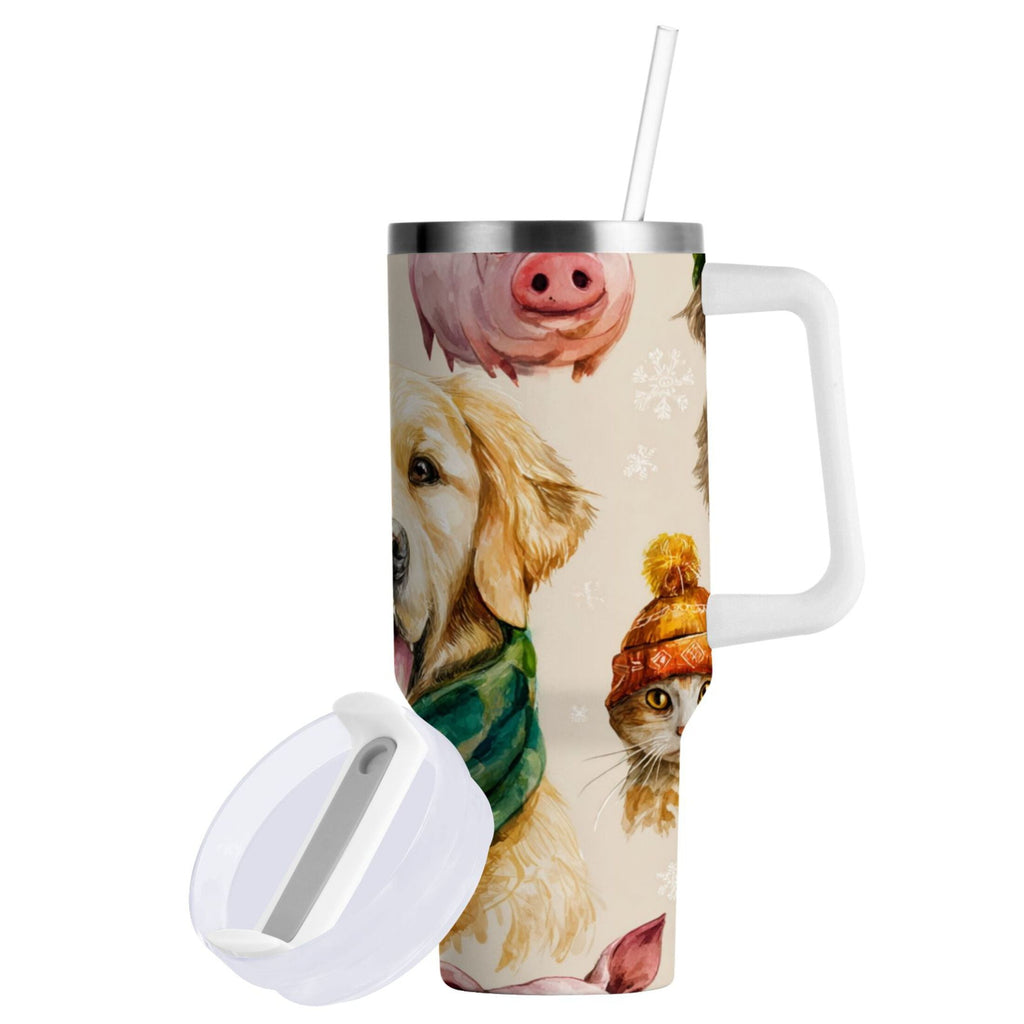 30 oz Insulated Stainless Steel Tumbler Double Wall Stainless Steel Tumbler with 2-Way Drinking Watercolor Animals Pattern C618N