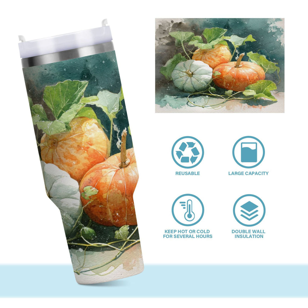 40 oz Insulated Stainless Steel Tumbler Double Wall Stainless Steel Tumbler with 2-Way Drinking Orange and White Pumpkins C535W