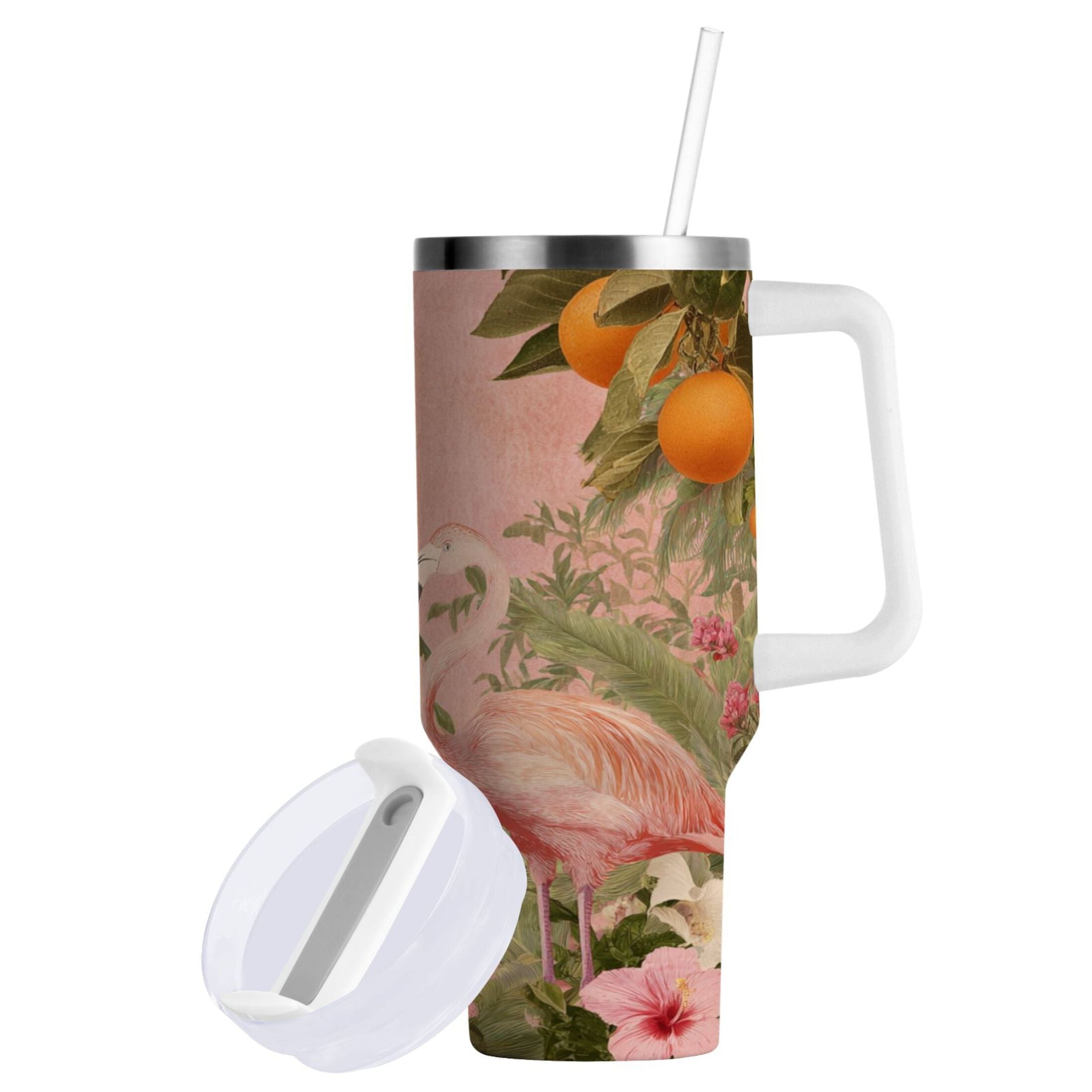 40 oz Insulated Stainless Steel Tumbler Double Wall Stainless Steel Tumbler with 2-Way Drinking Flamingos in Tropical Garden C666V