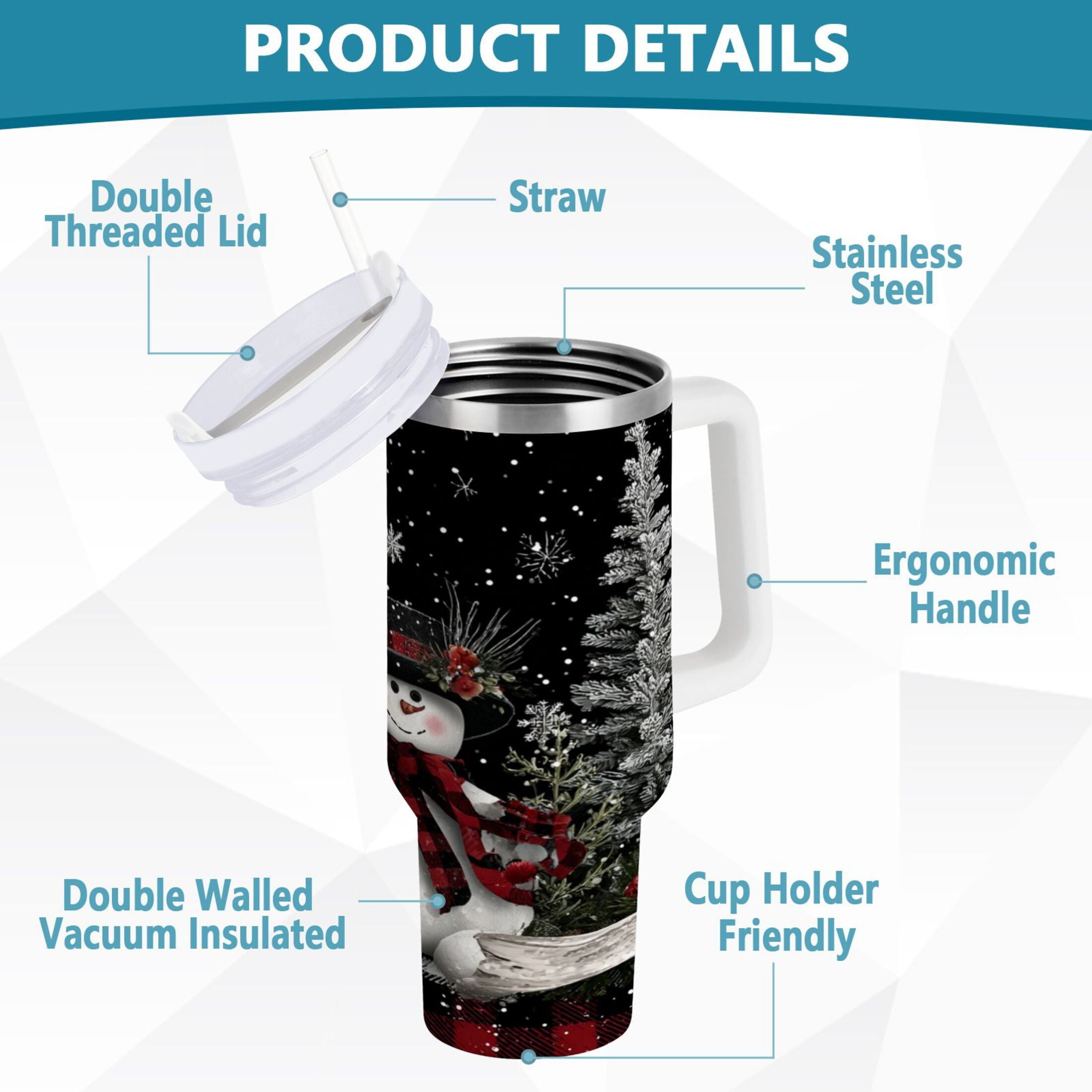 30 oz Insulated Stainless Steel Tumbler Double Wall Stainless Steel Tumbler with 2-Way Drinking Christmas Snowman C583P