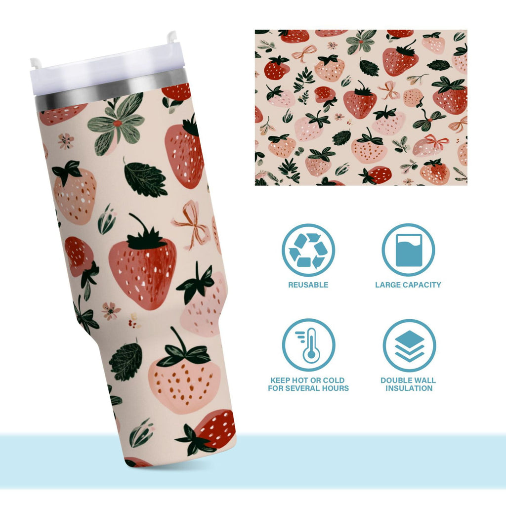 30 oz Insulated Stainless Steel Tumbler Double Wall Stainless Steel Tumbler with 2-Way Drinking Cute Pinks Strawberries C596J