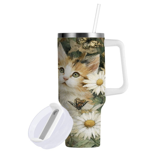 30 oz Insulated Stainless Steel Tumbler Double Wall Stainless Steel Tumbler with 2-Way Drinking Adorable Cats and Daisies C602M