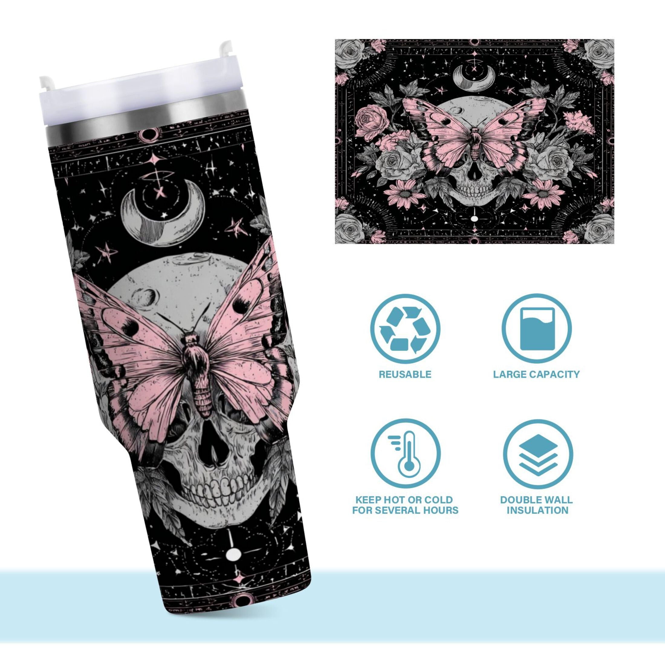 30 oz Insulated Stainless Steel Tumbler Double Wall Stainless Steel Tumbler with 2-Way Drinking Butterfly by Moon and Flowers C542G