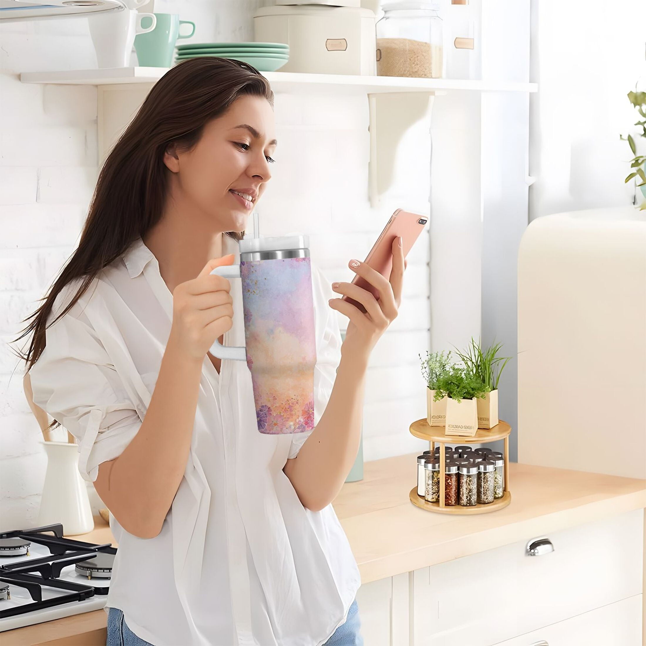30 oz Insulated Stainless Steel Tumbler Double Wall Stainless Steel Tumbler with 2-Way Drinking Colorful Pastel Floral Pattern C514B