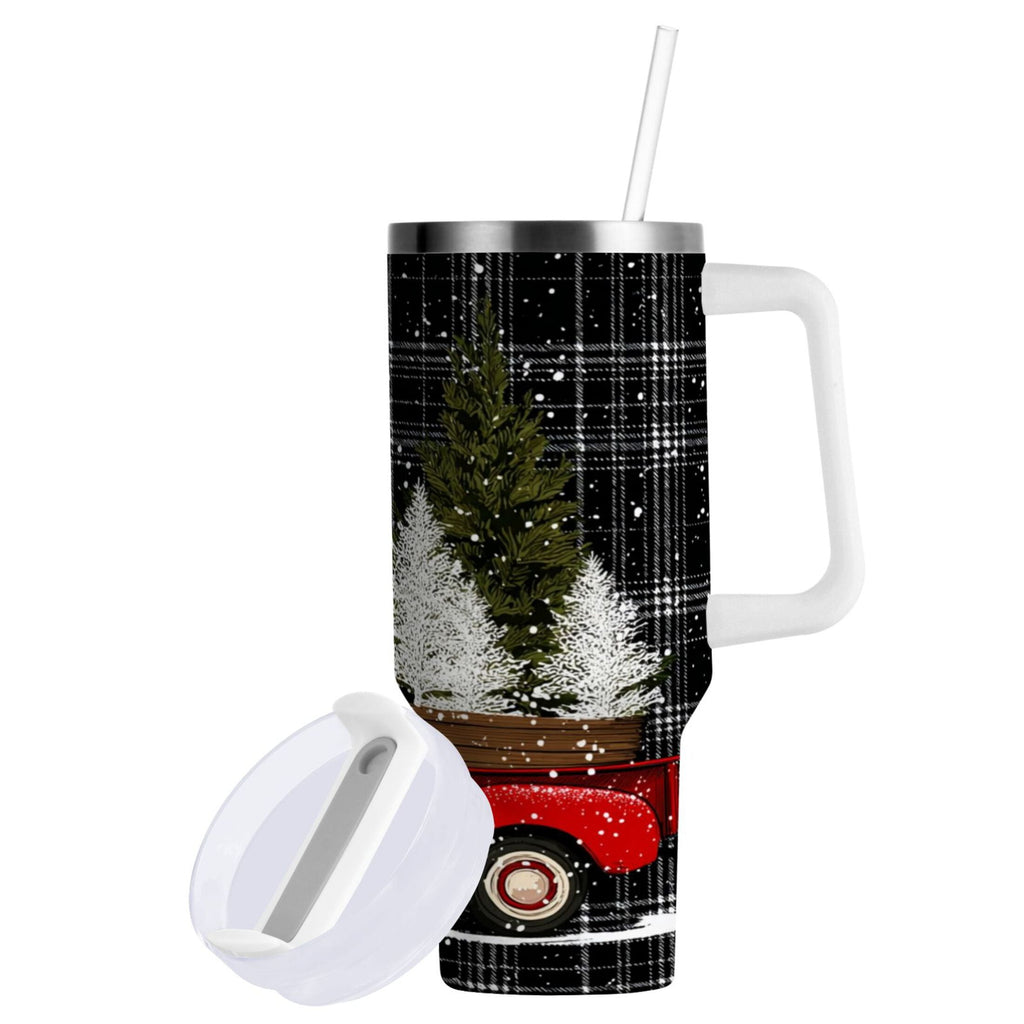 40 oz Insulated Stainless Steel Tumbler Double Wall Stainless Steel Tumbler with 2-Way Drinking Red Truck with Christmas Tree C669P