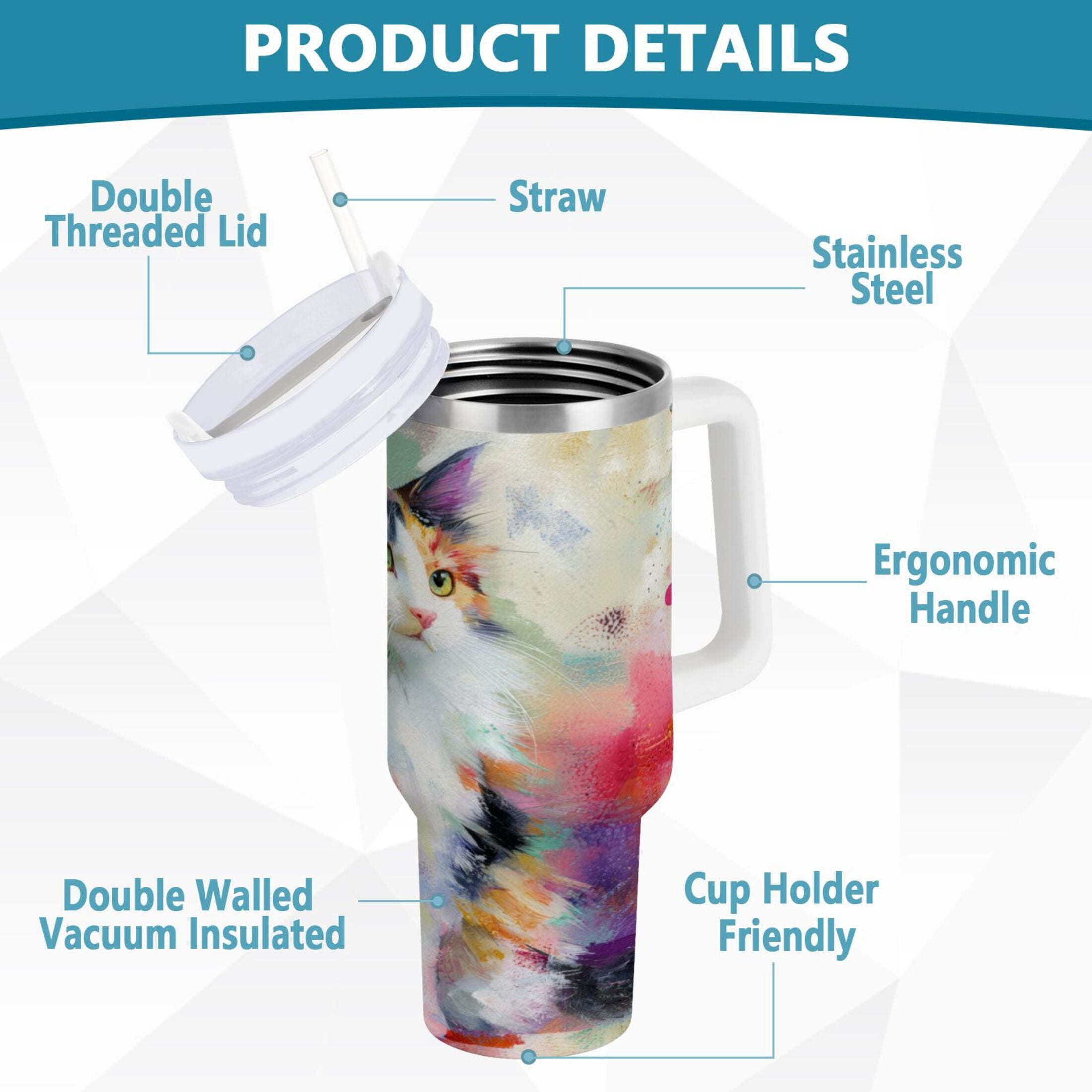30 oz Insulated Stainless Steel Tumbler Double Wall Stainless Steel Tumbler with 2-Way Drinking Charming Hairy Cat C672W