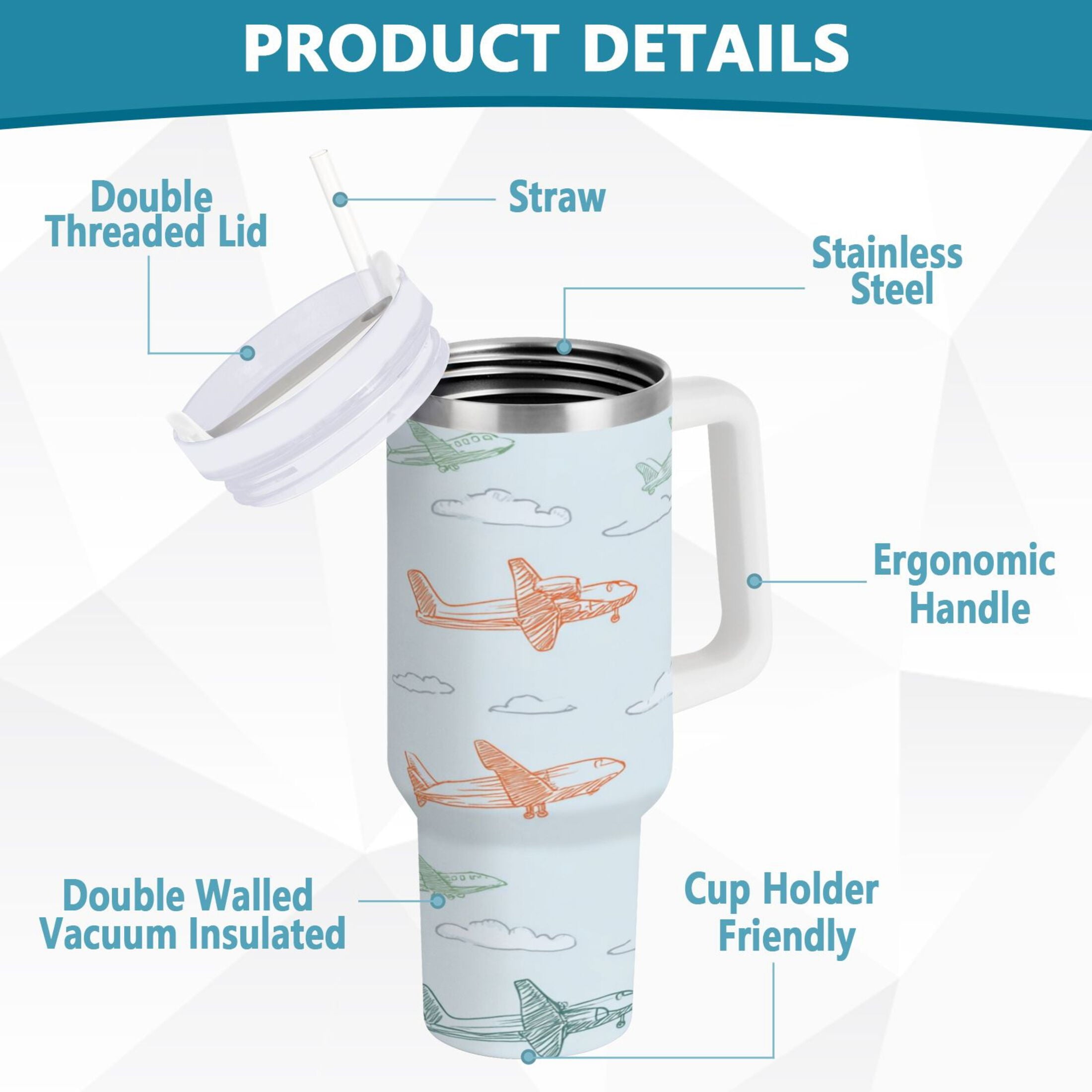 30 oz Insulated Stainless Steel Tumbler Double Wall Stainless Steel Tumbler with 2-Way Drinking Pastel Doodle Airplanes C593T