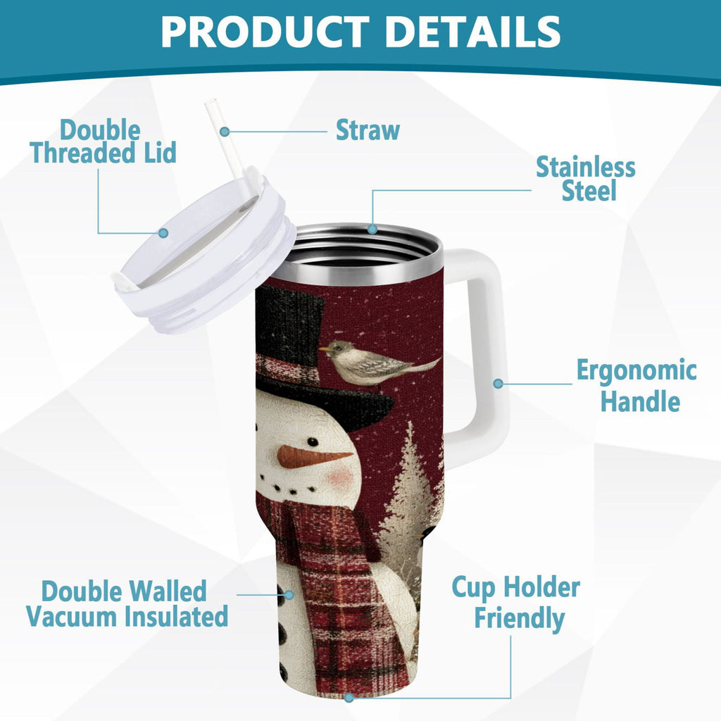 30 oz Insulated Stainless Steel Tumbler Double Wall Stainless Steel Tumbler with 2-Way Drinking Snowman and Birds C637N