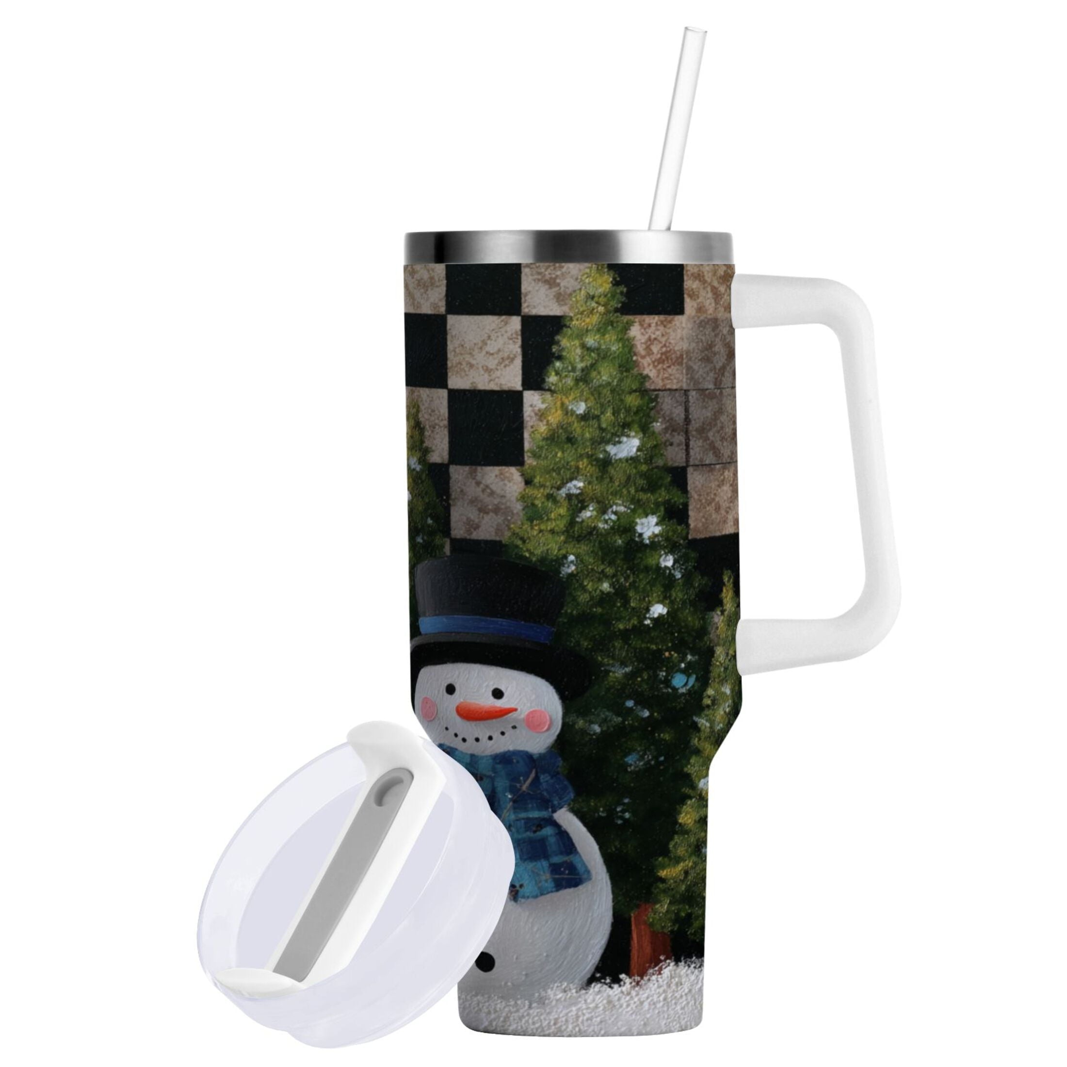 30 oz Insulated Stainless Steel Tumbler Double Wall Stainless Steel Tumbler with 2-Way Drinking Two Snowmen Pattern C501A