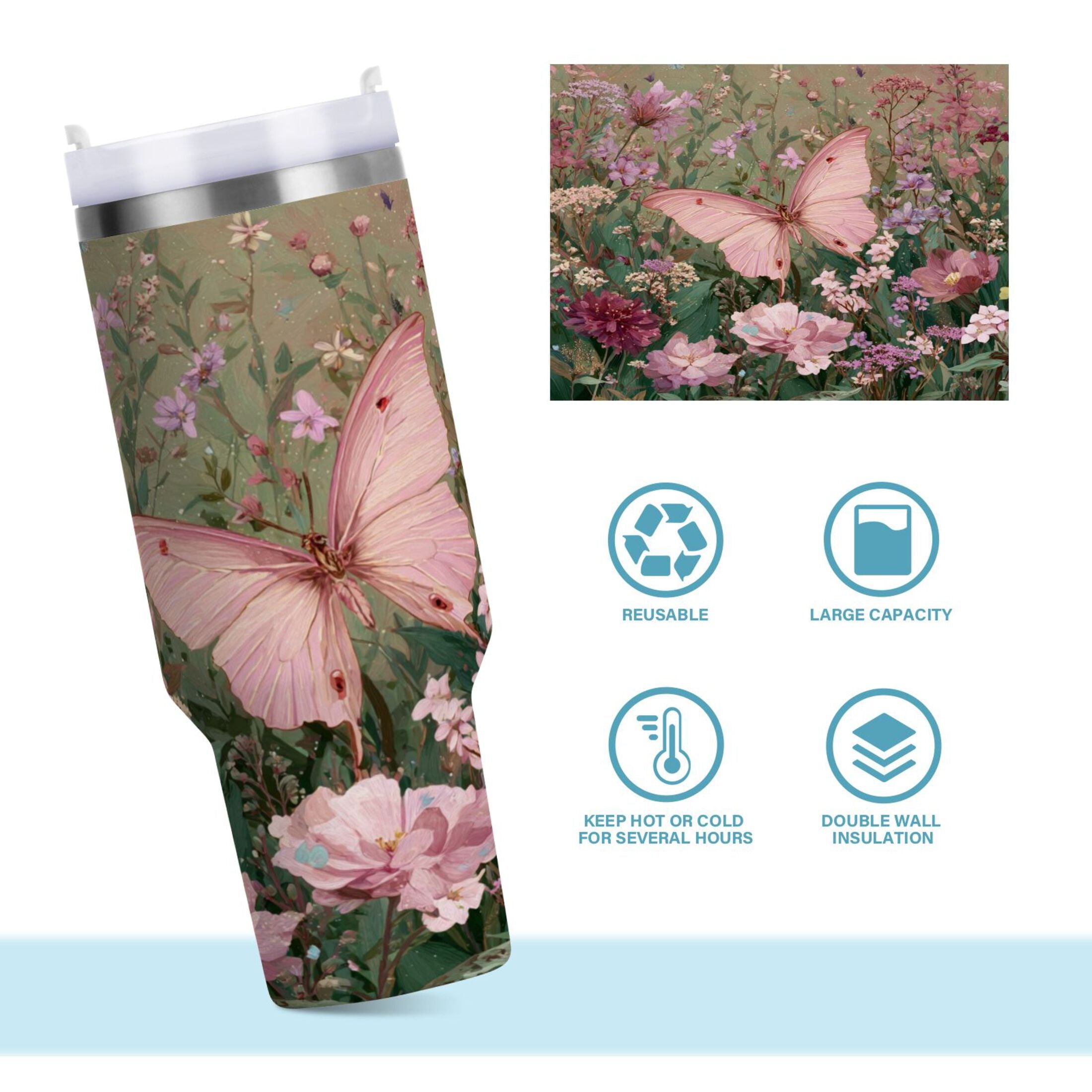 30 oz Insulated Stainless Steel Tumbler Double Wall Stainless Steel Tumbler with 2-Way Drinking Delicate Butterfly C643H