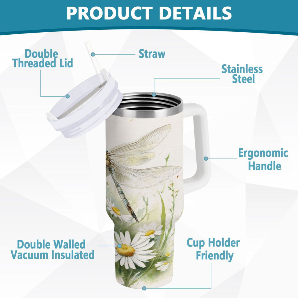 30 oz Insulated Stainless Steel Tumbler Double Wall Stainless Steel Tumbler with 2-Way Drinking Dragonflies with White Daisies C655G