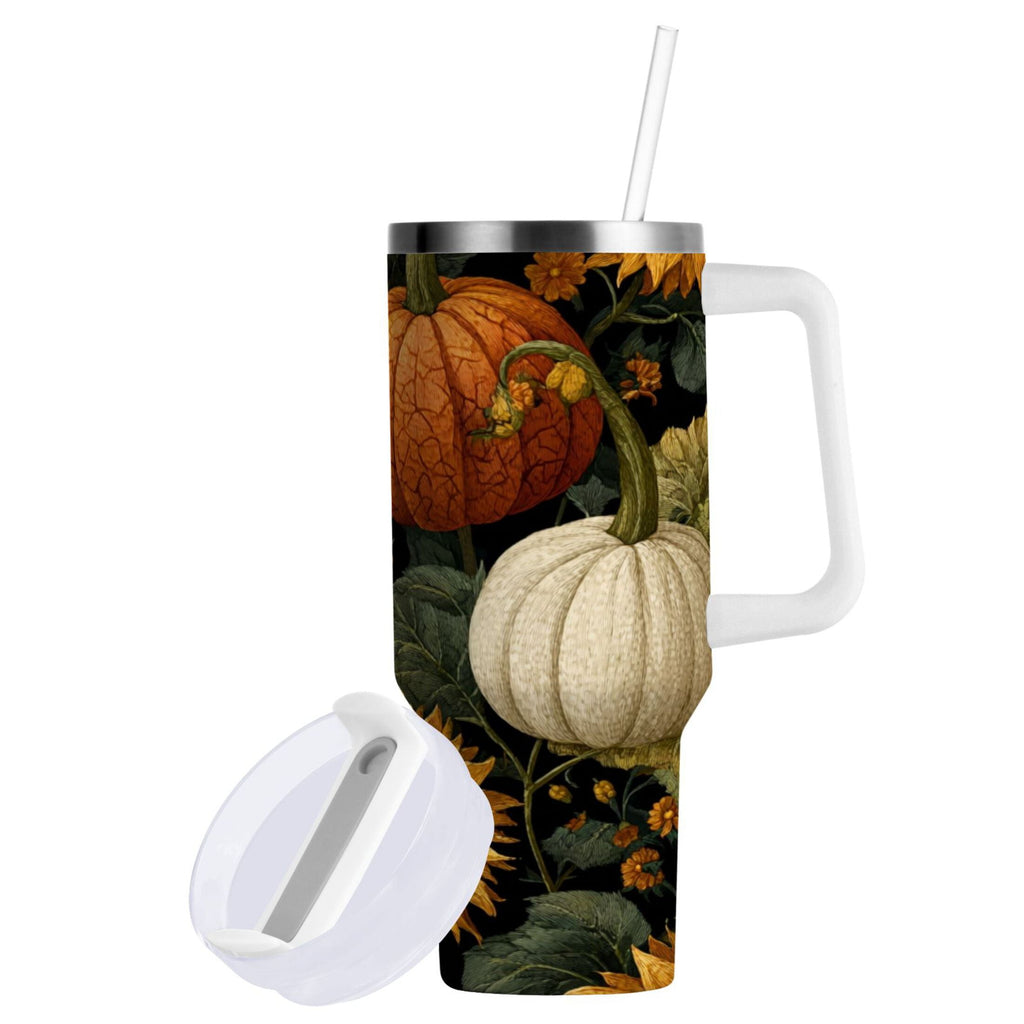40 oz Insulated Stainless Steel Tumbler Double Wall Stainless Steel Tumbler with 2-Way Drinking Pumpkins and Sunflowers Pattern C560B