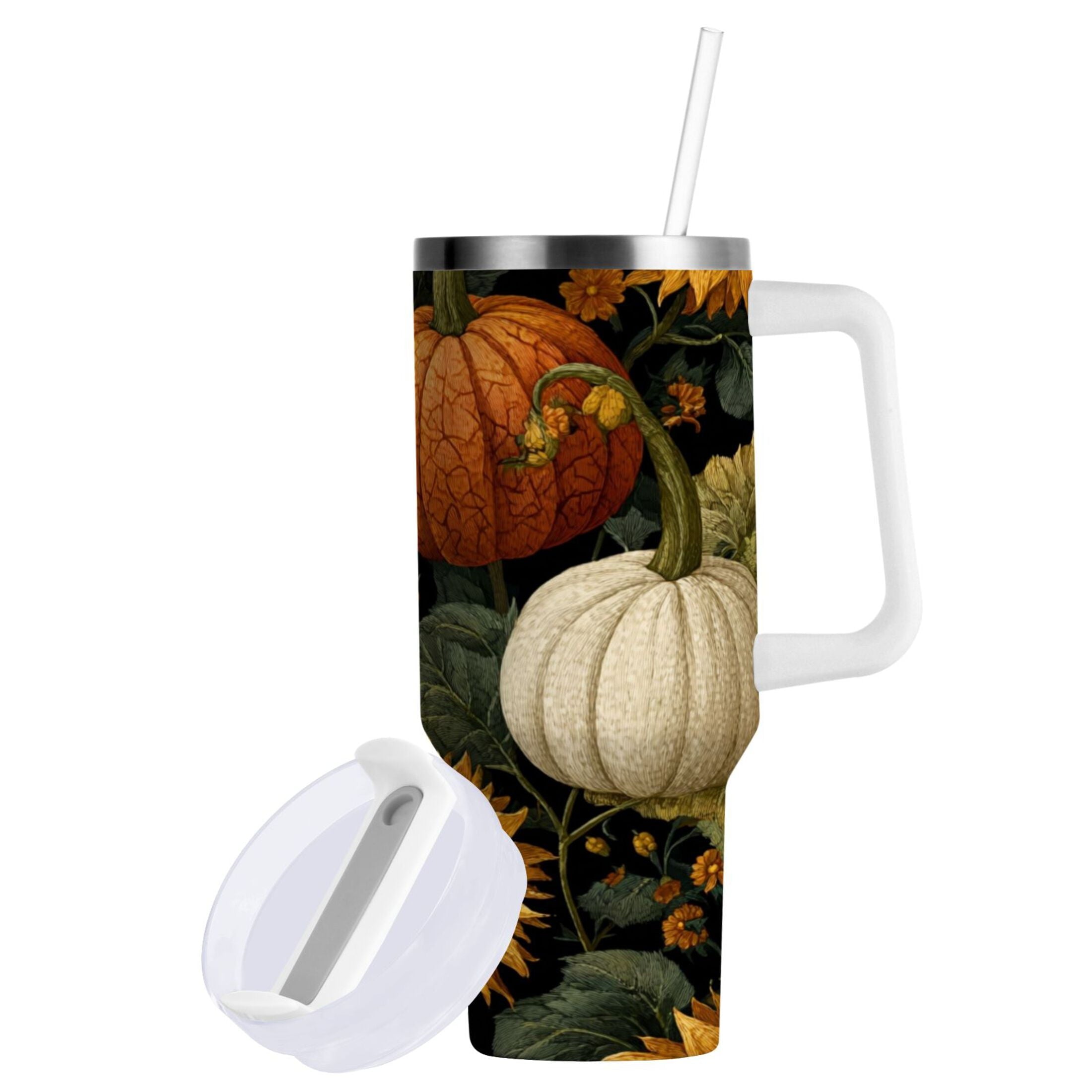 40 oz Insulated Stainless Steel Tumbler Double Wall Stainless Steel Tumbler with 2-Way Drinking Pumpkins and Sunflowers Pattern C560B