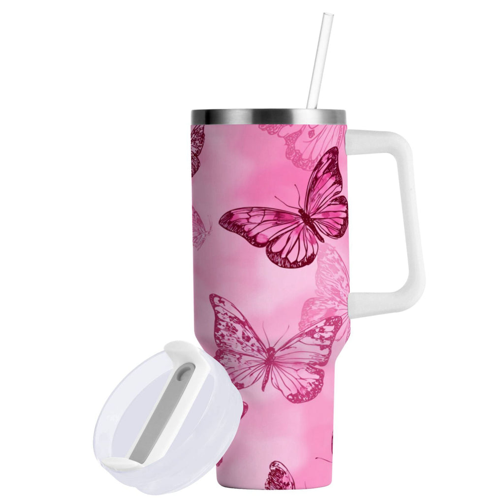 40 oz Insulated Stainless Steel Tumbler Double Wall Stainless Steel Tumbler with 2-Way Drinking Pink Butterfly Pattern C629H