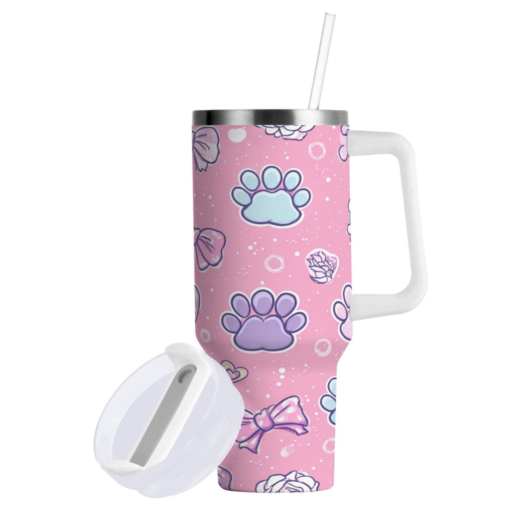 30 oz Insulated Stainless Steel Tumbler Double Wall Stainless Steel Tumbler with 2-Way Drinking Dog Paw Prints and Bows C648N