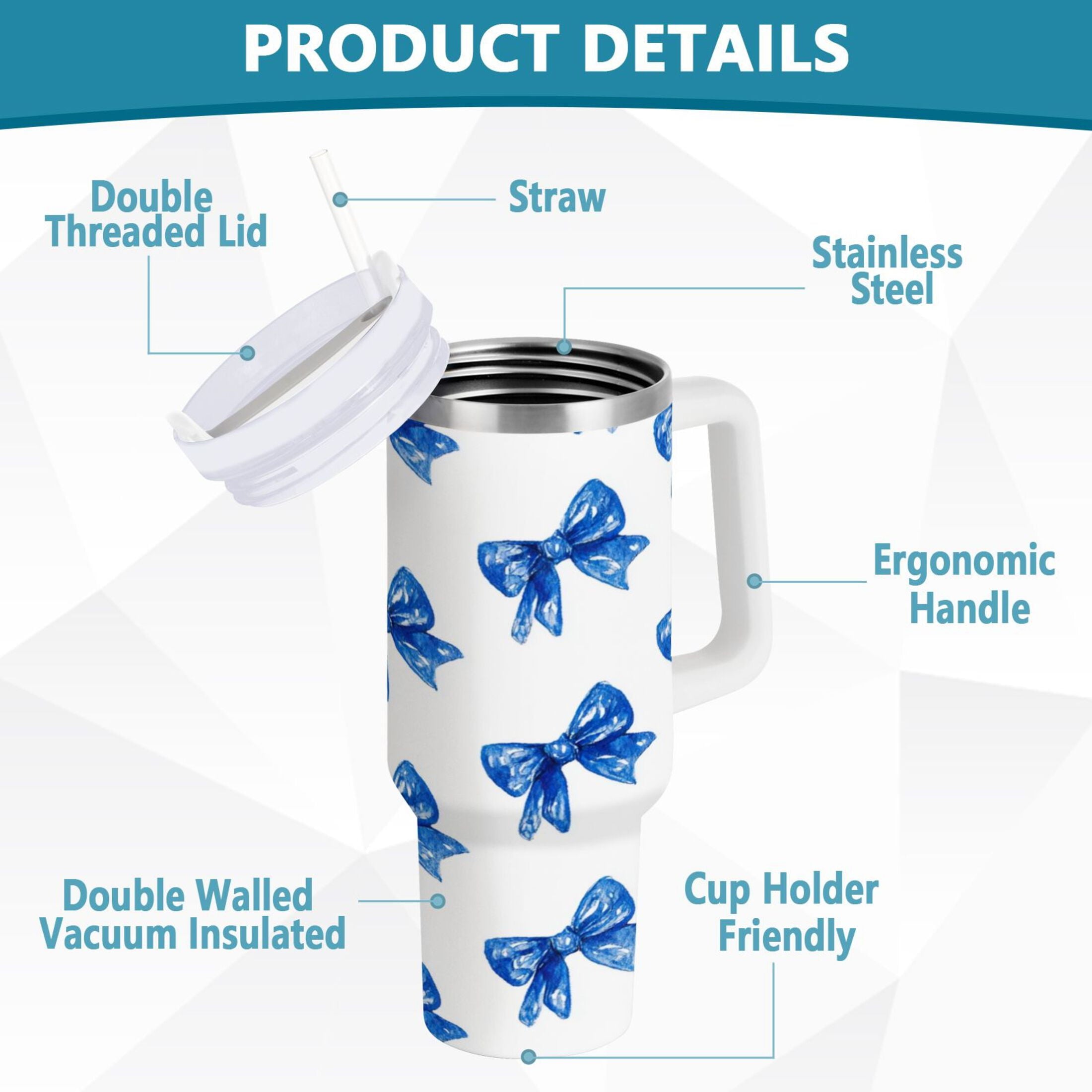 30 oz Insulated Stainless Steel Tumbler Double Wall Stainless Steel Tumbler with 2-Way Drinking Blue Bows Pattern C620X