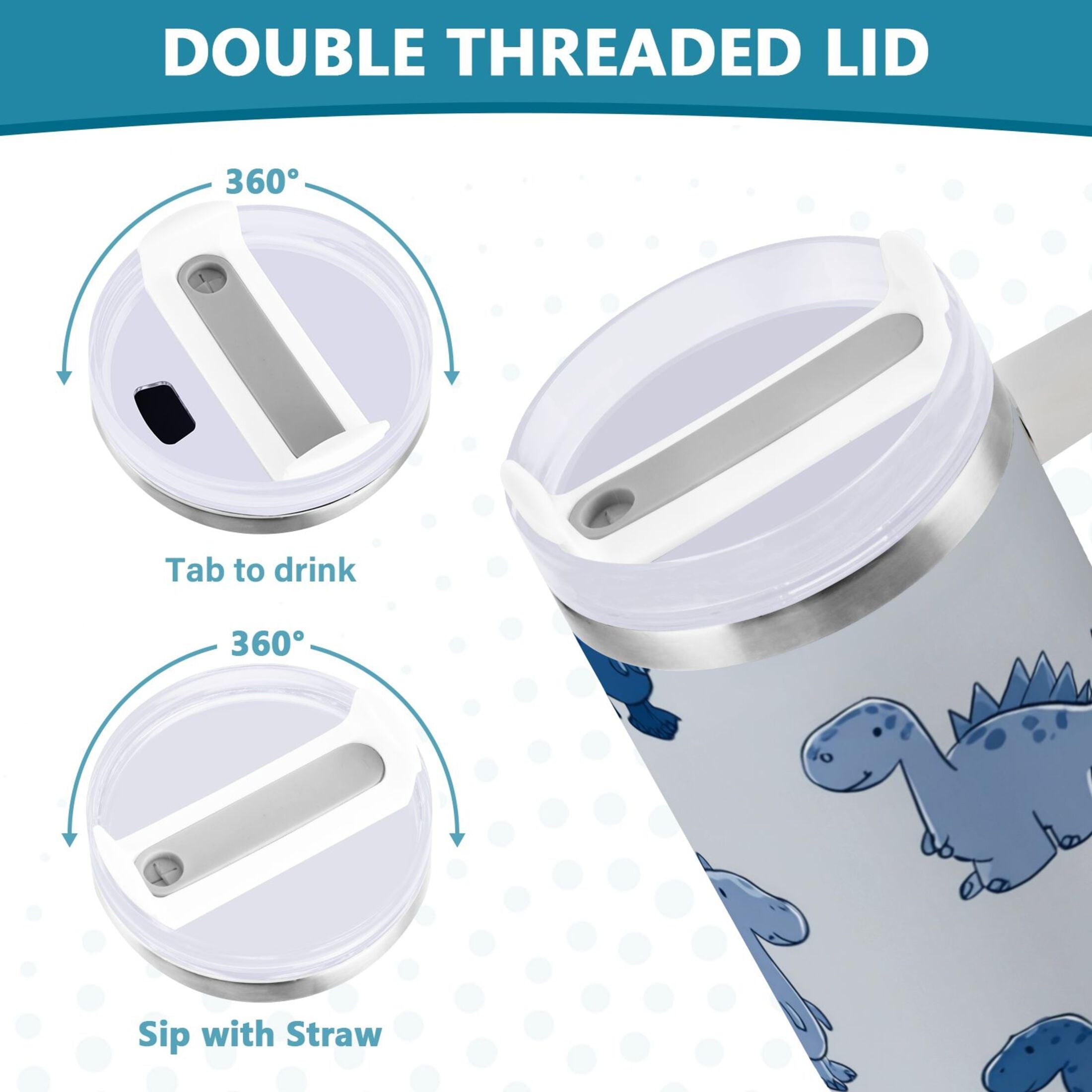 30 oz Insulated Stainless Steel Tumbler Double Wall Stainless Steel Tumbler with 2-Way Drinking Cute Blue Dinosaurs C580T