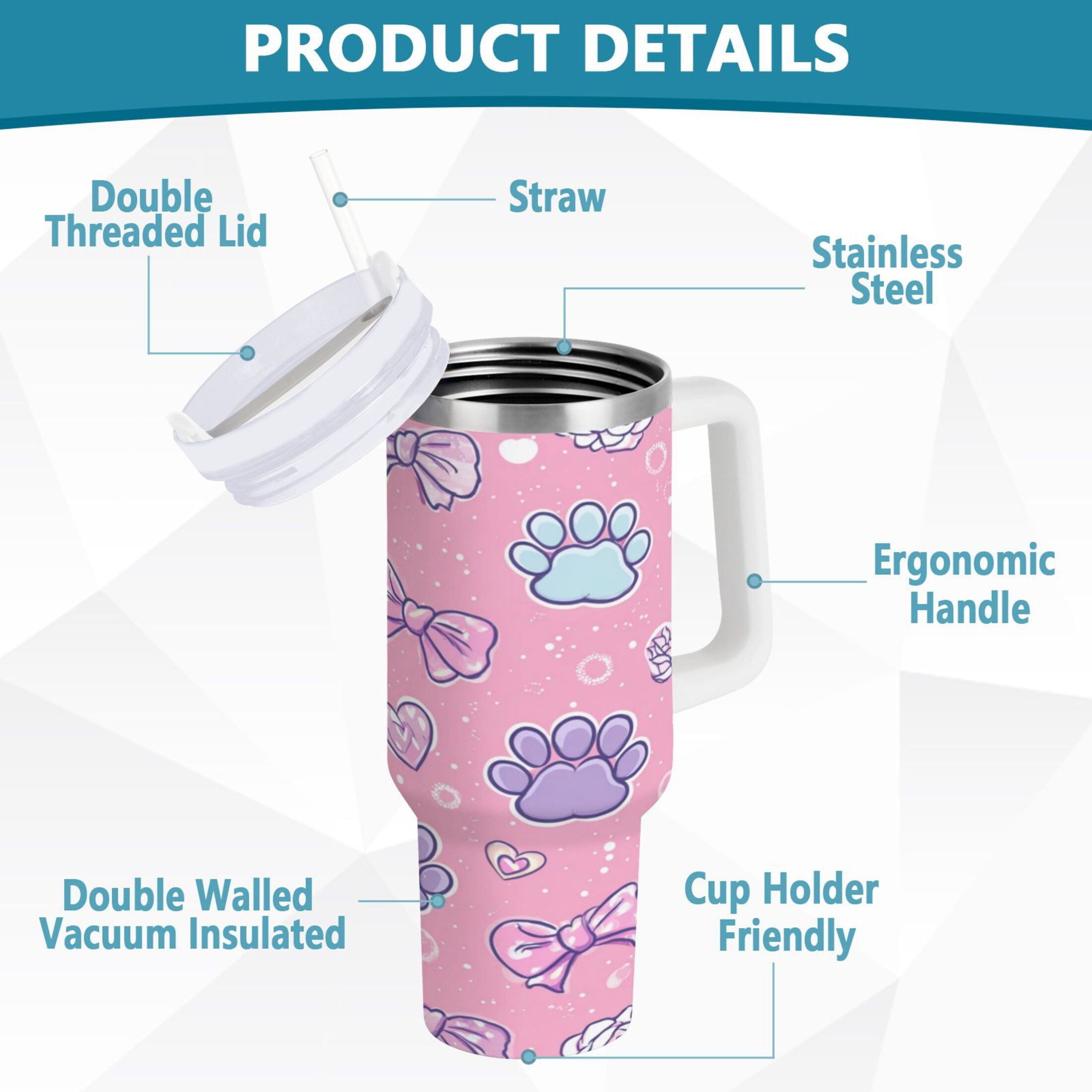 30 oz Insulated Stainless Steel Tumbler Double Wall Stainless Steel Tumbler with 2-Way Drinking Dog Paw Prints and Bows C648N