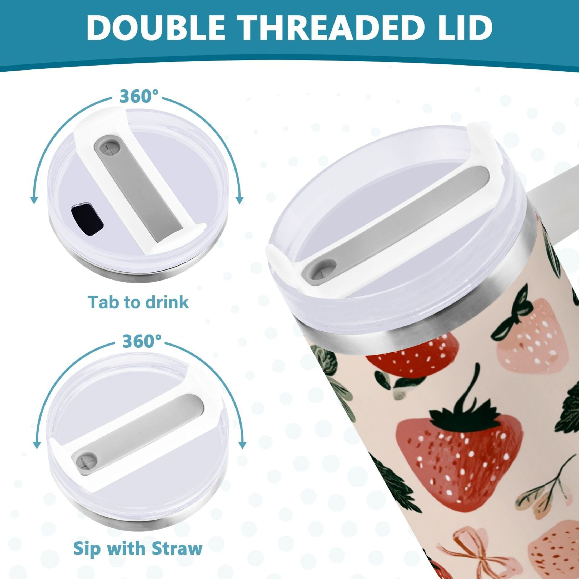 30 oz Insulated Stainless Steel Tumbler Double Wall Stainless Steel Tumbler with 2-Way Drinking Cute Pinks Strawberries C596J