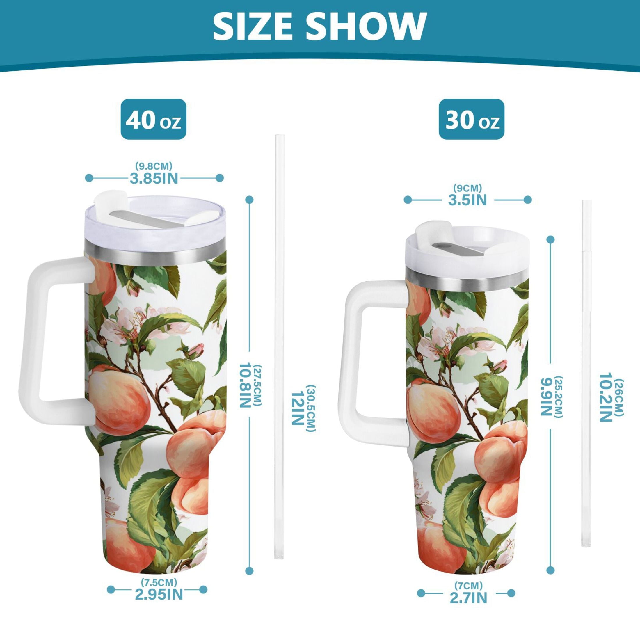 30 oz Insulated Stainless Steel Tumbler Double Wall Stainless Steel Tumbler with 2-Way Drinking Peach Fruit Pattern C503L