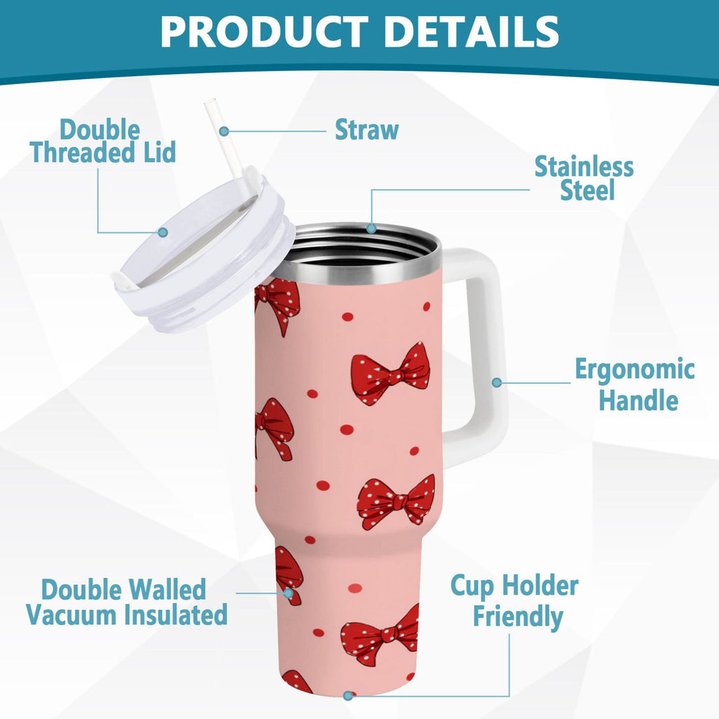 40 oz Insulated Stainless Steel Tumbler Double Wall Stainless Steel Tumbler with 2-Way Drinking Red Bows and Polka Dots C531M