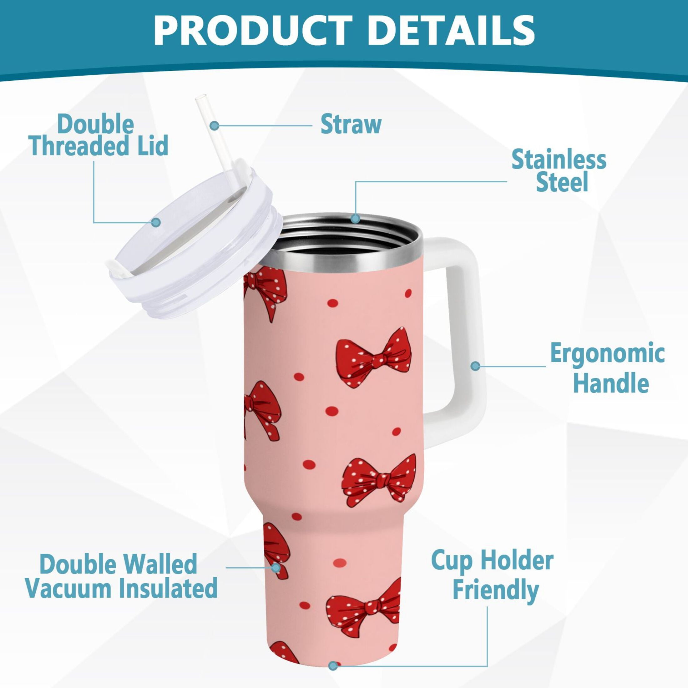 40 oz Insulated Stainless Steel Tumbler Double Wall Stainless Steel Tumbler with 2-Way Drinking Red Bows and Polka Dots C531M