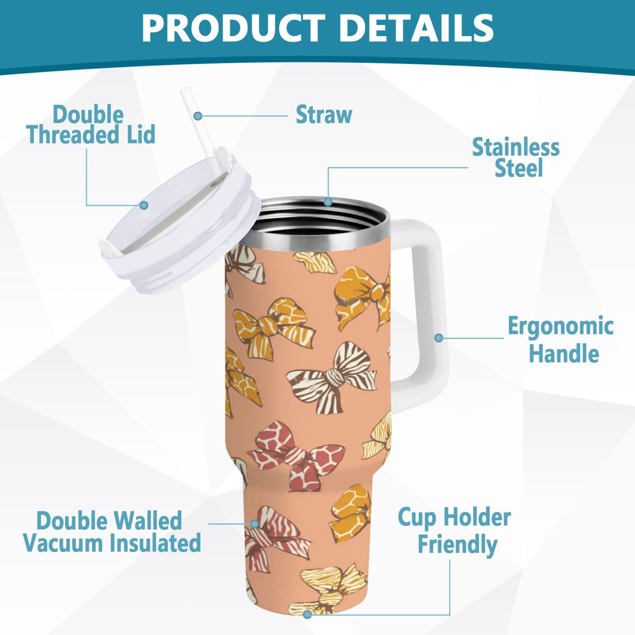 40 oz Insulated Stainless Steel Tumbler Double Wall Stainless Steel Tumbler with 2-Way Drinking Cute Animal Print Bows C678W