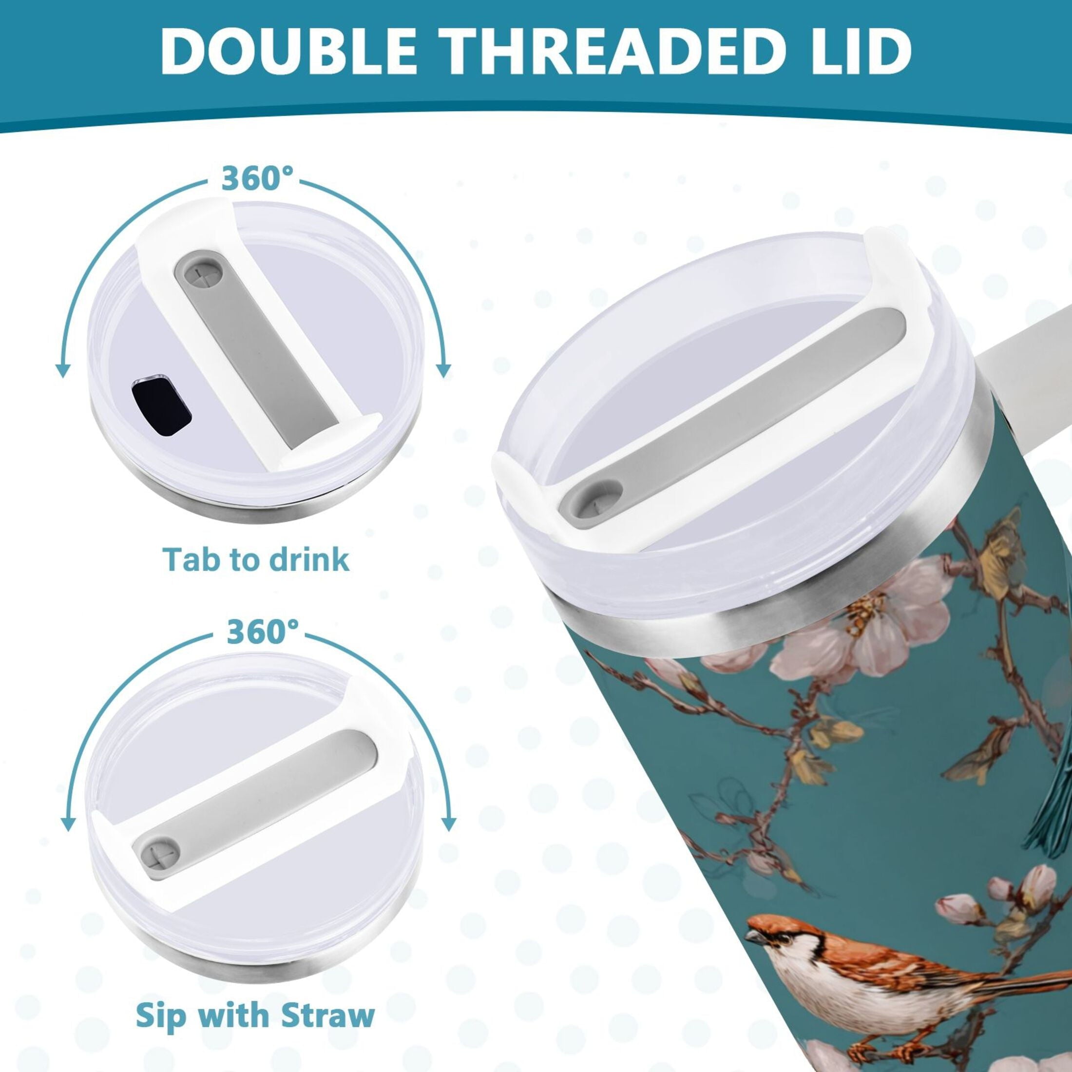 30 oz Insulated Stainless Steel Tumbler Double Wall Stainless Steel Tumbler with 2-Way Drinking Birds and Cherry Pattern C537C