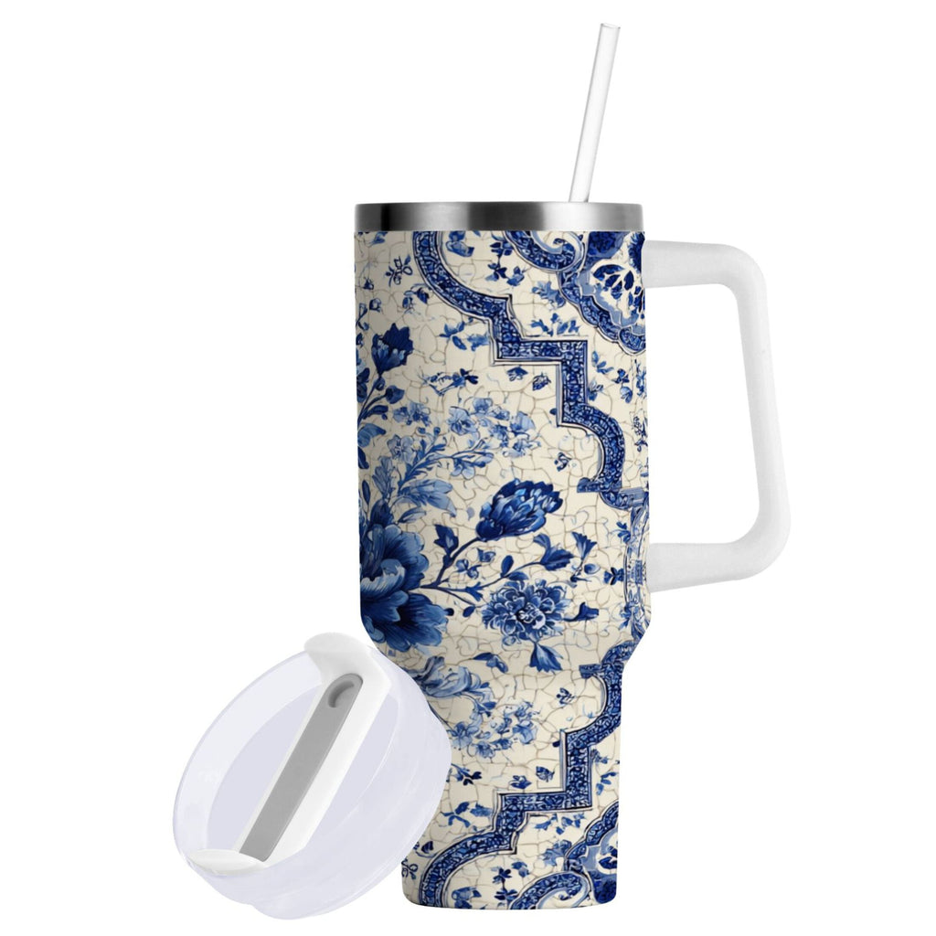 30 oz Insulated Stainless Steel Tumbler Double Wall Stainless Steel Tumbler with 2-Way Drinking Blue and White Porcelain-style C576R