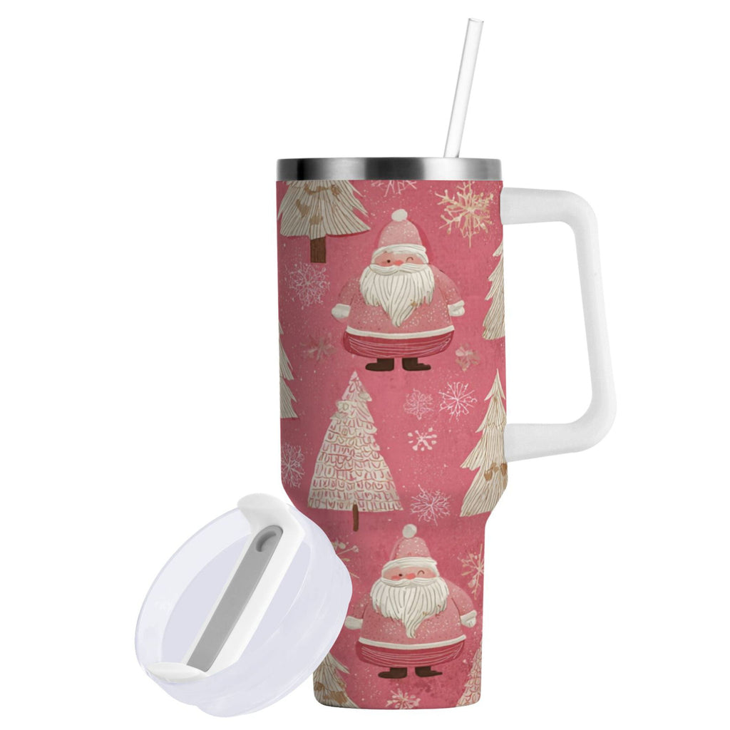 40 oz Insulated Stainless Steel Tumbler Double Wall Stainless Steel Tumbler with 2-Way Drinking Pink Santa Claus Pattern C527W