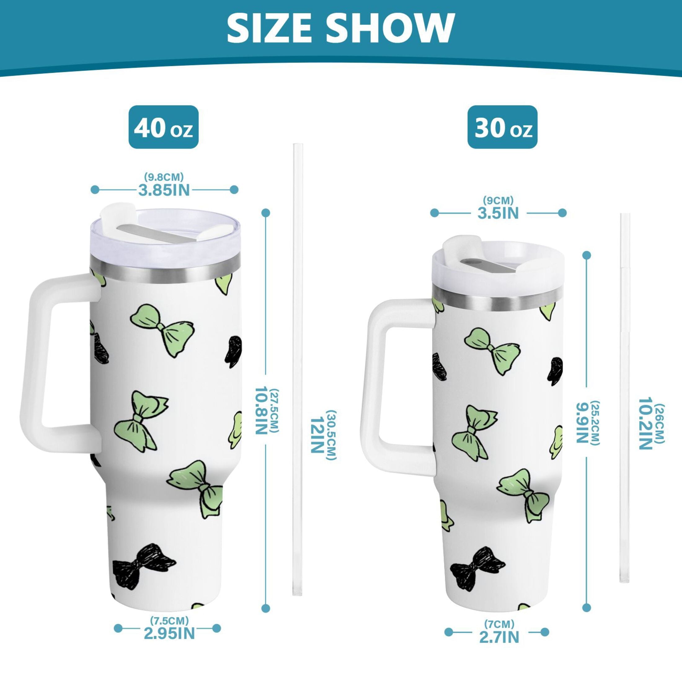 40 oz Insulated Stainless Steel Tumbler Double Wall Stainless Steel Tumbler with 2-Way Drinking Green and Black Bows C553N