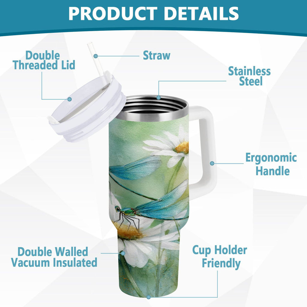 30 oz Insulated Stainless Steel Tumbler Double Wall Stainless Steel Tumbler with 2-Way Drinking Beautiful Dragonflies and Daisies C638G