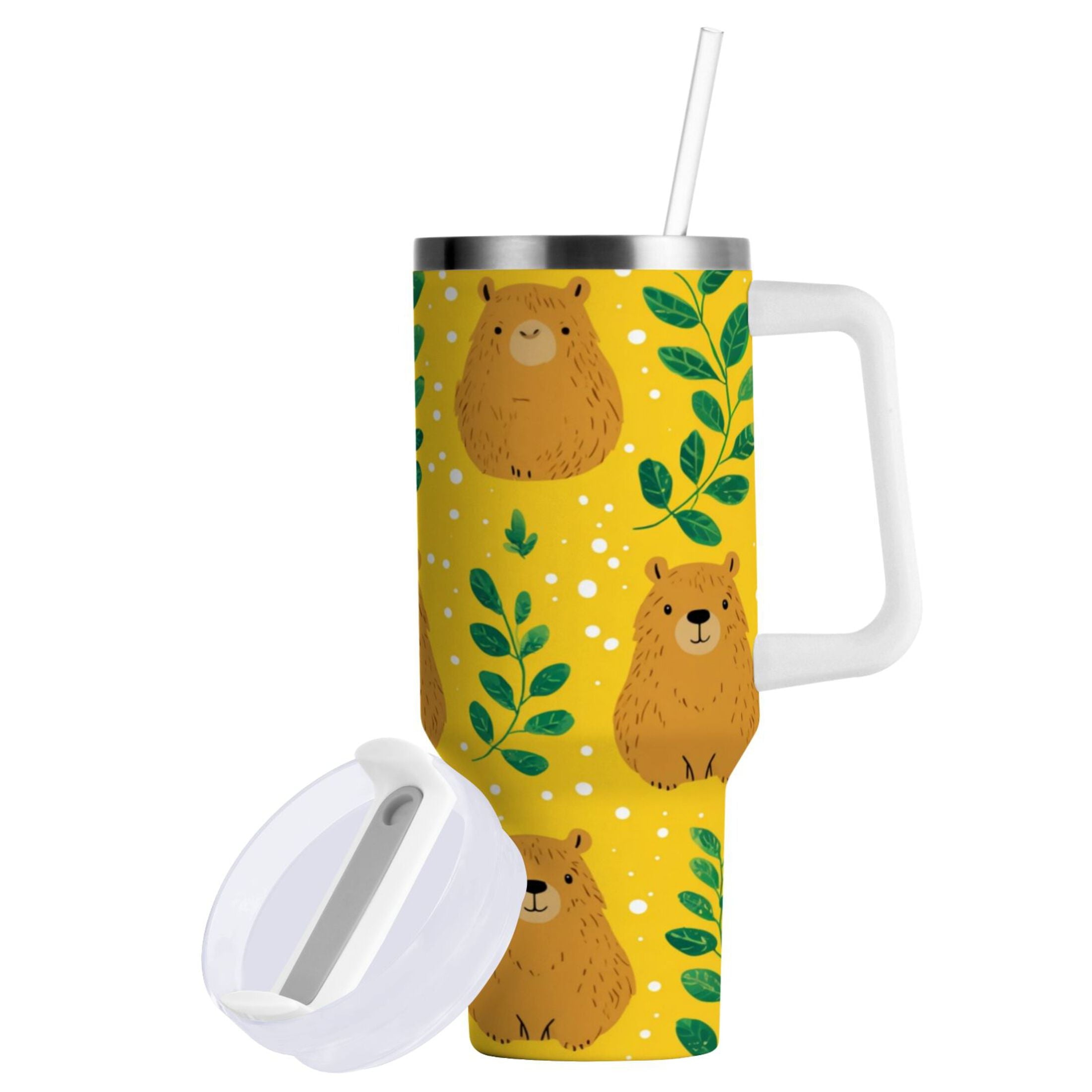 30 oz Insulated Stainless Steel Tumbler Double Wall Stainless Steel Tumbler with 2-Way Drinking Capybara and Green Leaves C658M
