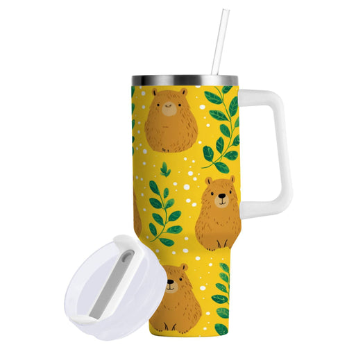 30 oz Insulated Stainless Steel Tumbler Double Wall Stainless Steel Tumbler with 2-Way Drinking Capybara and Green Leaves C658M