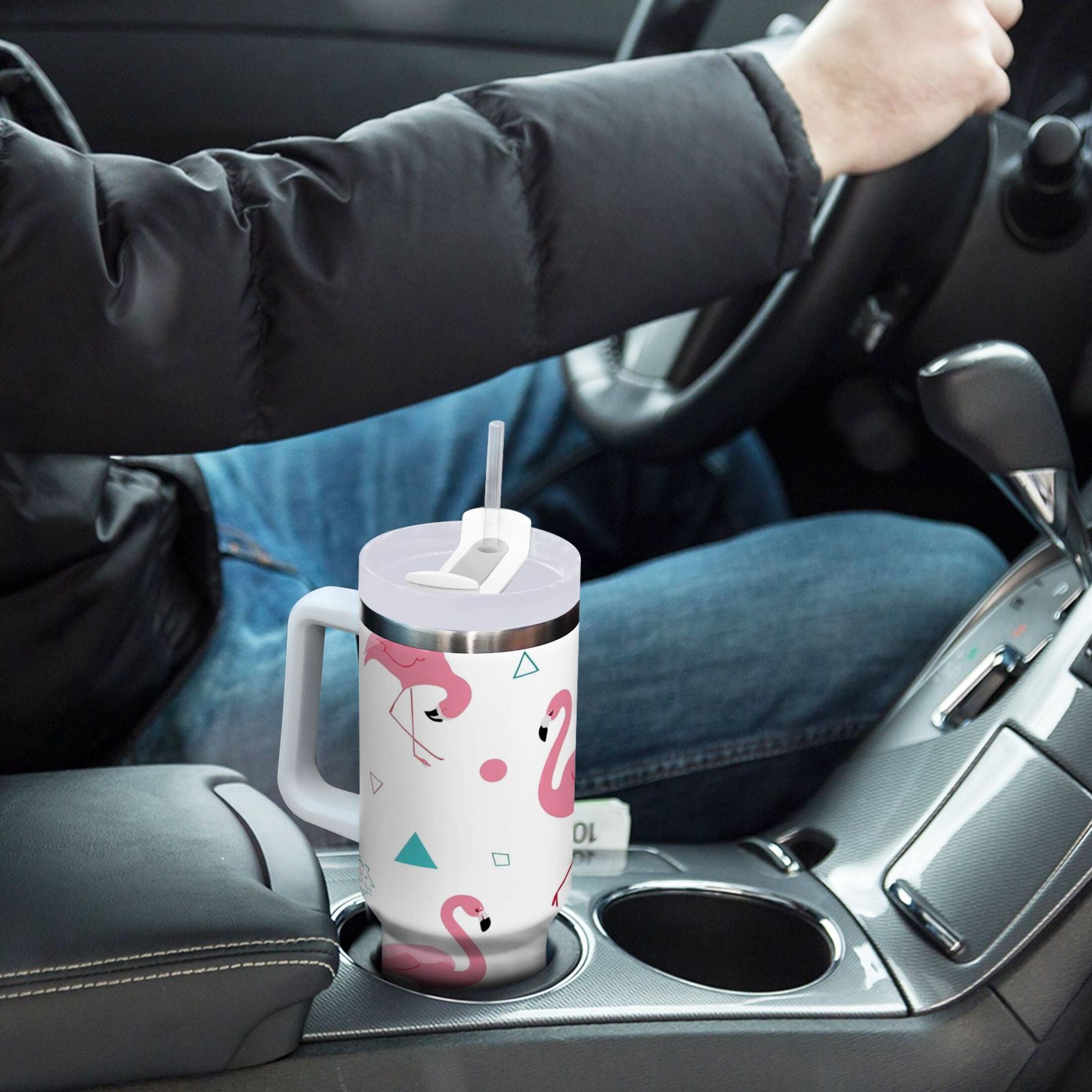 40 oz Insulated Stainless Steel Tumbler Double Wall Stainless Steel Tumbler with 2-Way Drinking Cute Flamingo Pattern C502Q