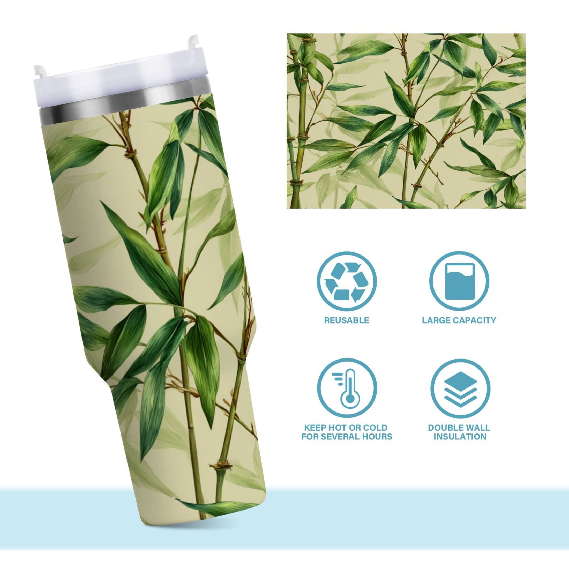 30 oz Insulated Stainless Steel Tumbler Double Wall Stainless Steel Tumbler with 2-Way Drinking Bamboo Pattern C558J