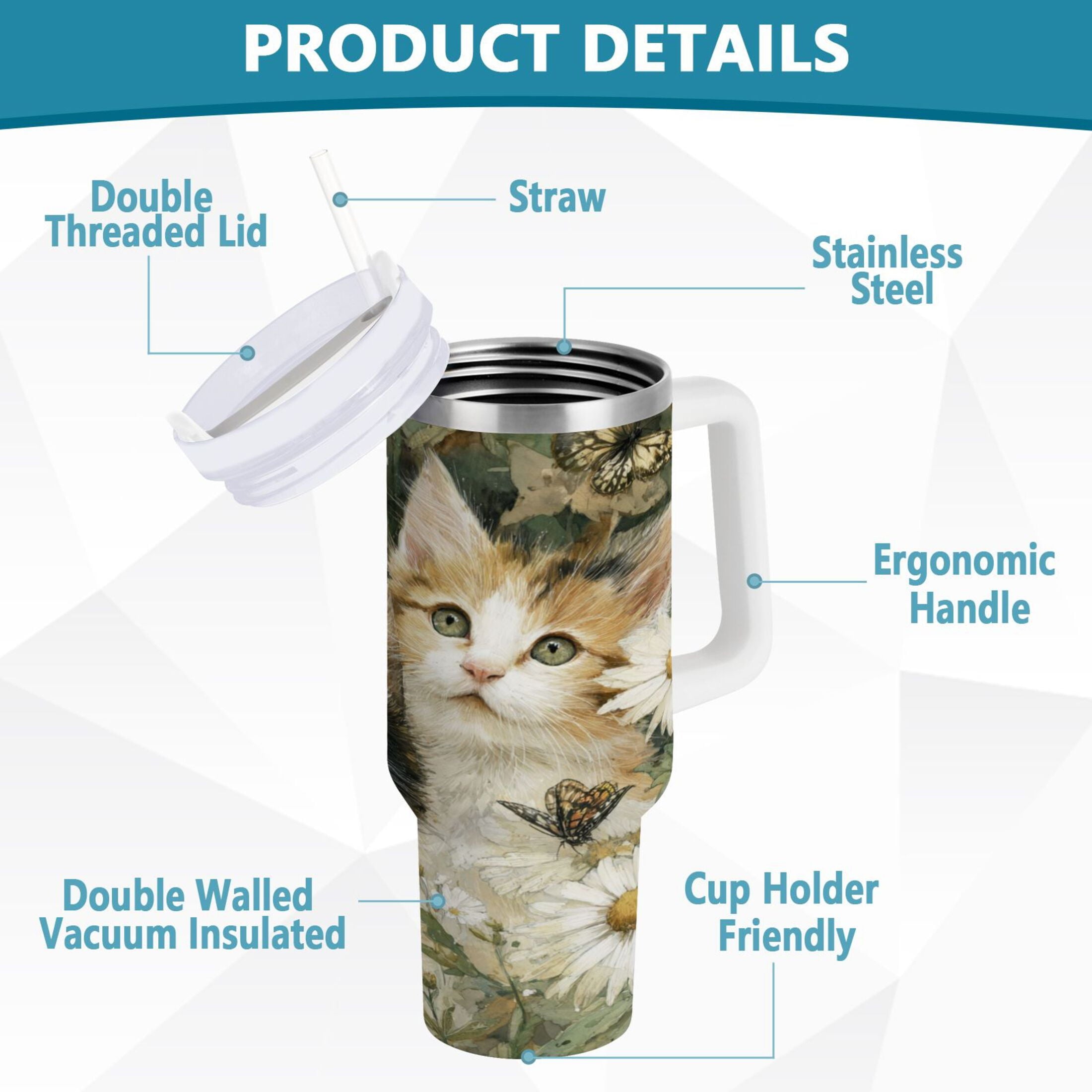 30 oz Insulated Stainless Steel Tumbler Double Wall Stainless Steel Tumbler with 2-Way Drinking Adorable Cats and Daisies C602M
