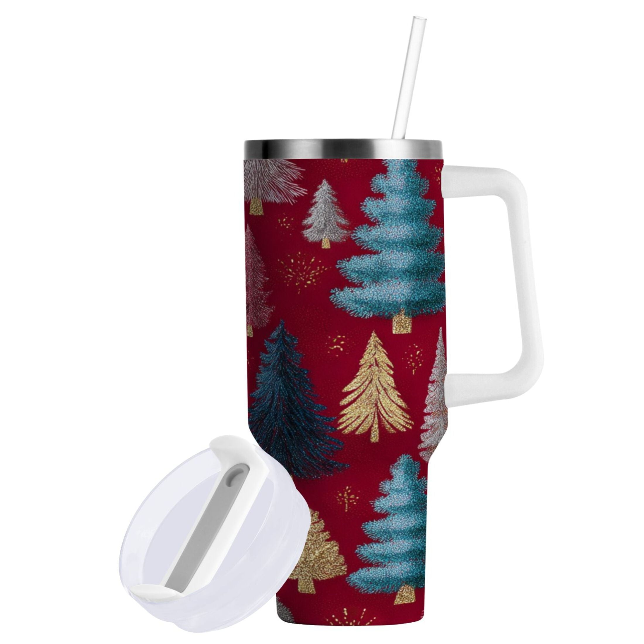 30 oz Insulated Stainless Steel Tumbler Double Wall Stainless Steel Tumbler with 2-Way Drinking Stylized Christmas Trees C644G