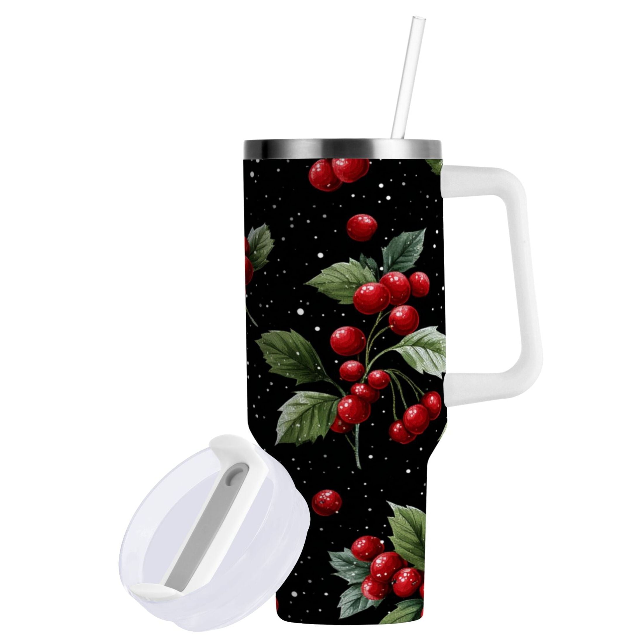 40 oz Insulated Stainless Steel Tumbler Double Wall Stainless Steel Tumbler with 2-Way Drinking Red Holly Berries Pattern C652Q