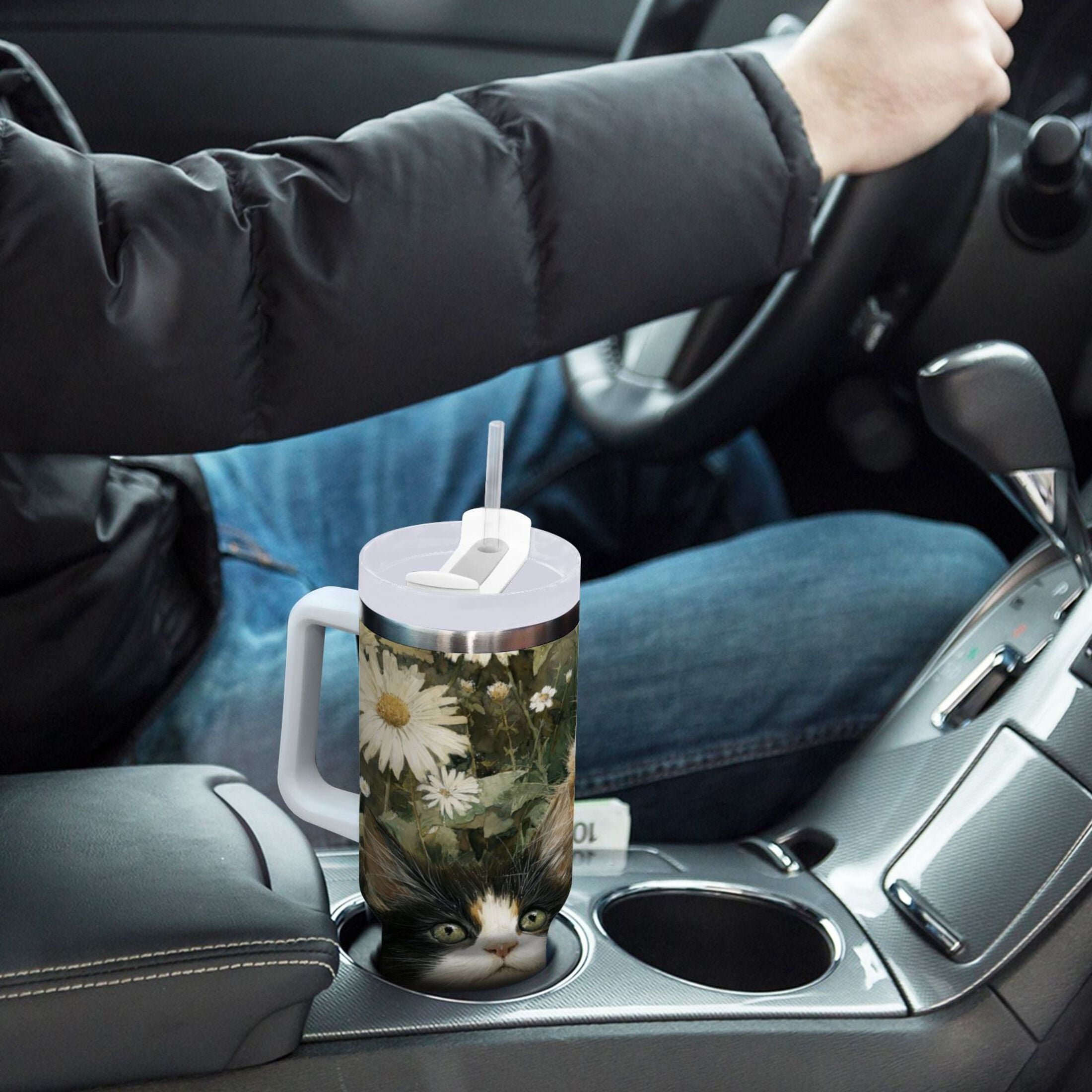 30 oz Insulated Stainless Steel Tumbler Double Wall Stainless Steel Tumbler with 2-Way Drinking Adorable Cats and Daisies C602M