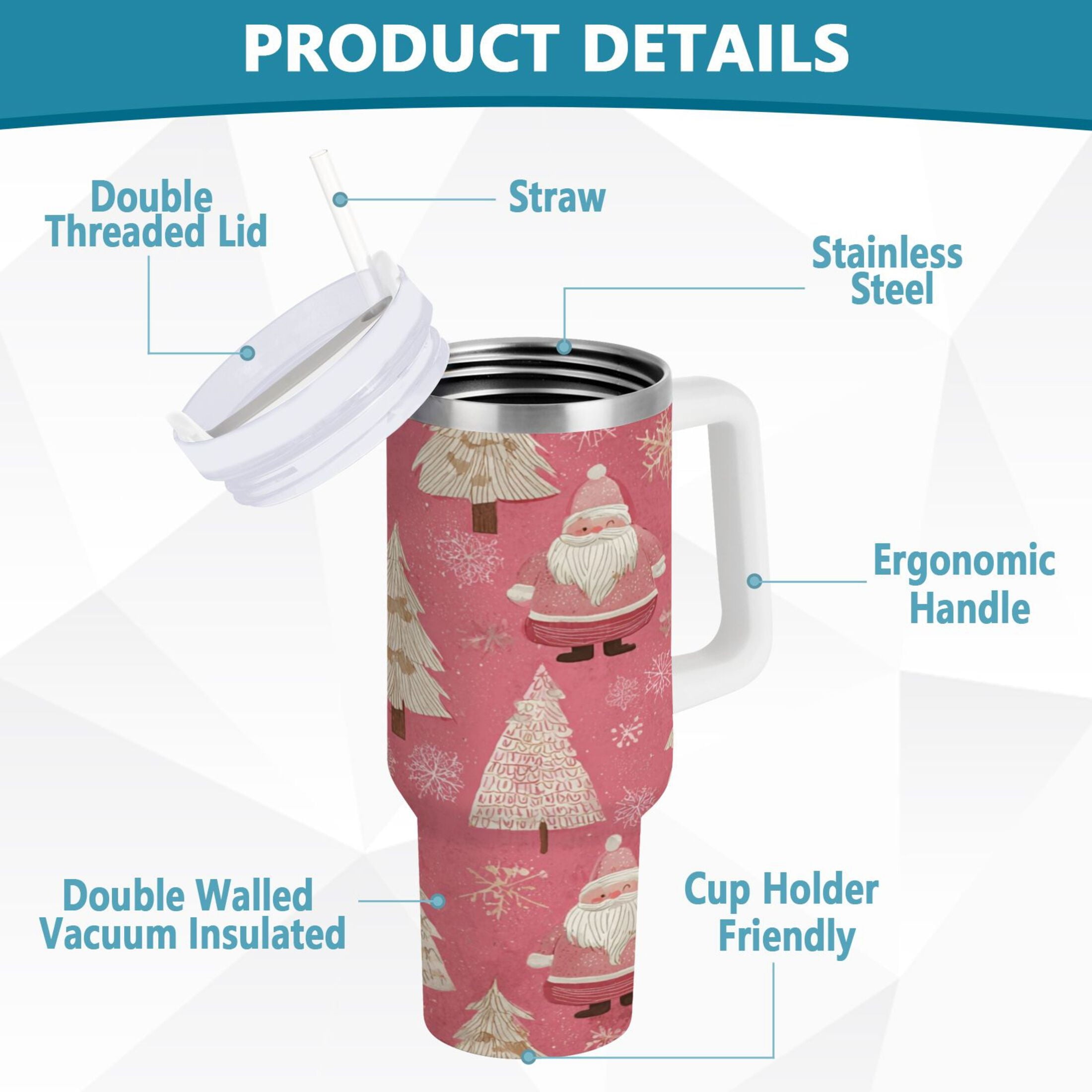 40 oz Insulated Stainless Steel Tumbler Double Wall Stainless Steel Tumbler with 2-Way Drinking Pink Santa Claus Pattern C527W