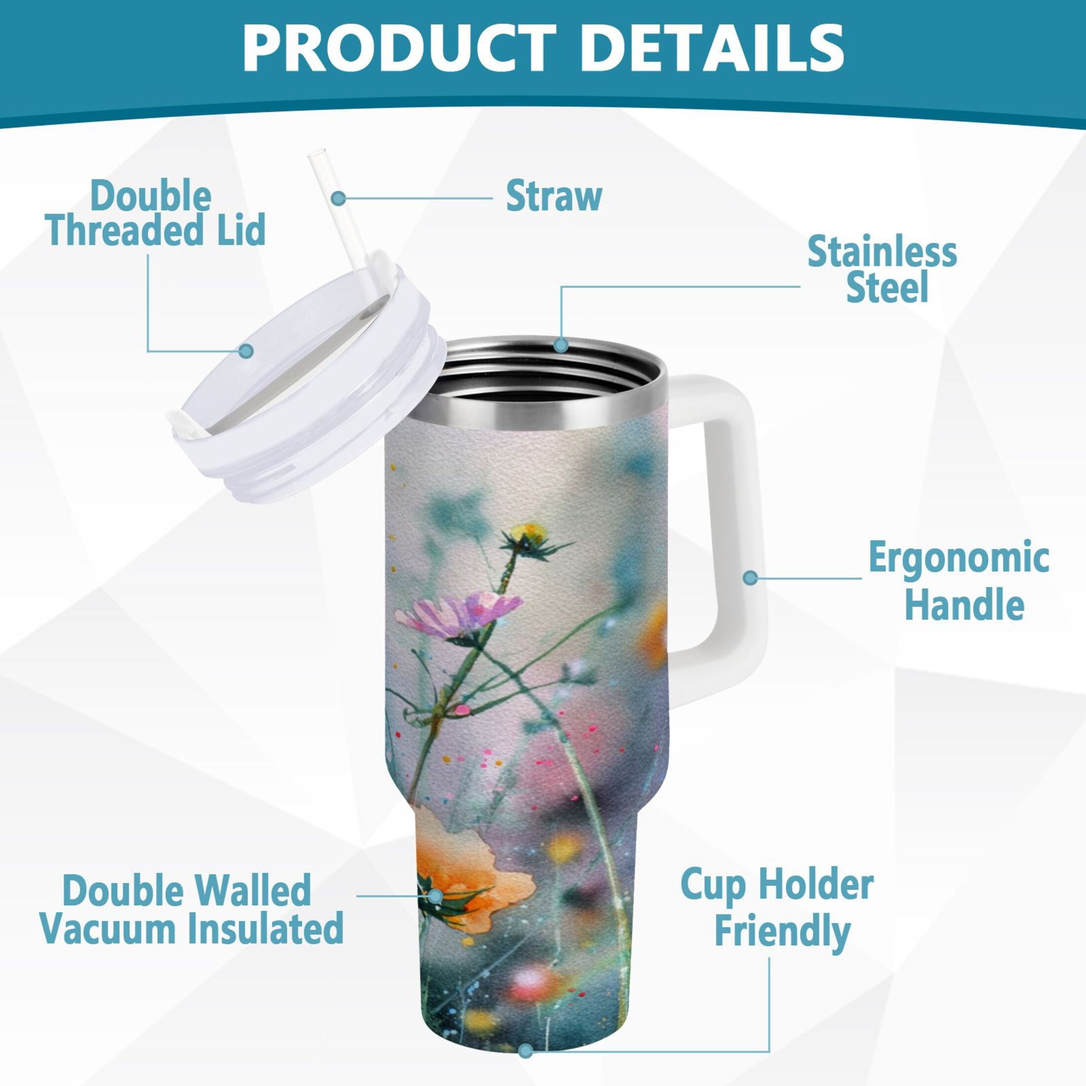 40 oz Insulated Stainless Steel Tumbler Double Wall Stainless Steel Tumbler with 2-Way Drinking Abstract Wildflowers C504S