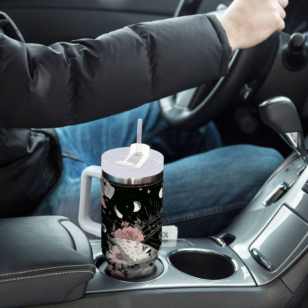40 oz Insulated Stainless Steel Tumbler Double Wall Stainless Steel Tumbler with 2-Way Drinking Butterfly Surrounded by Flowers C640W