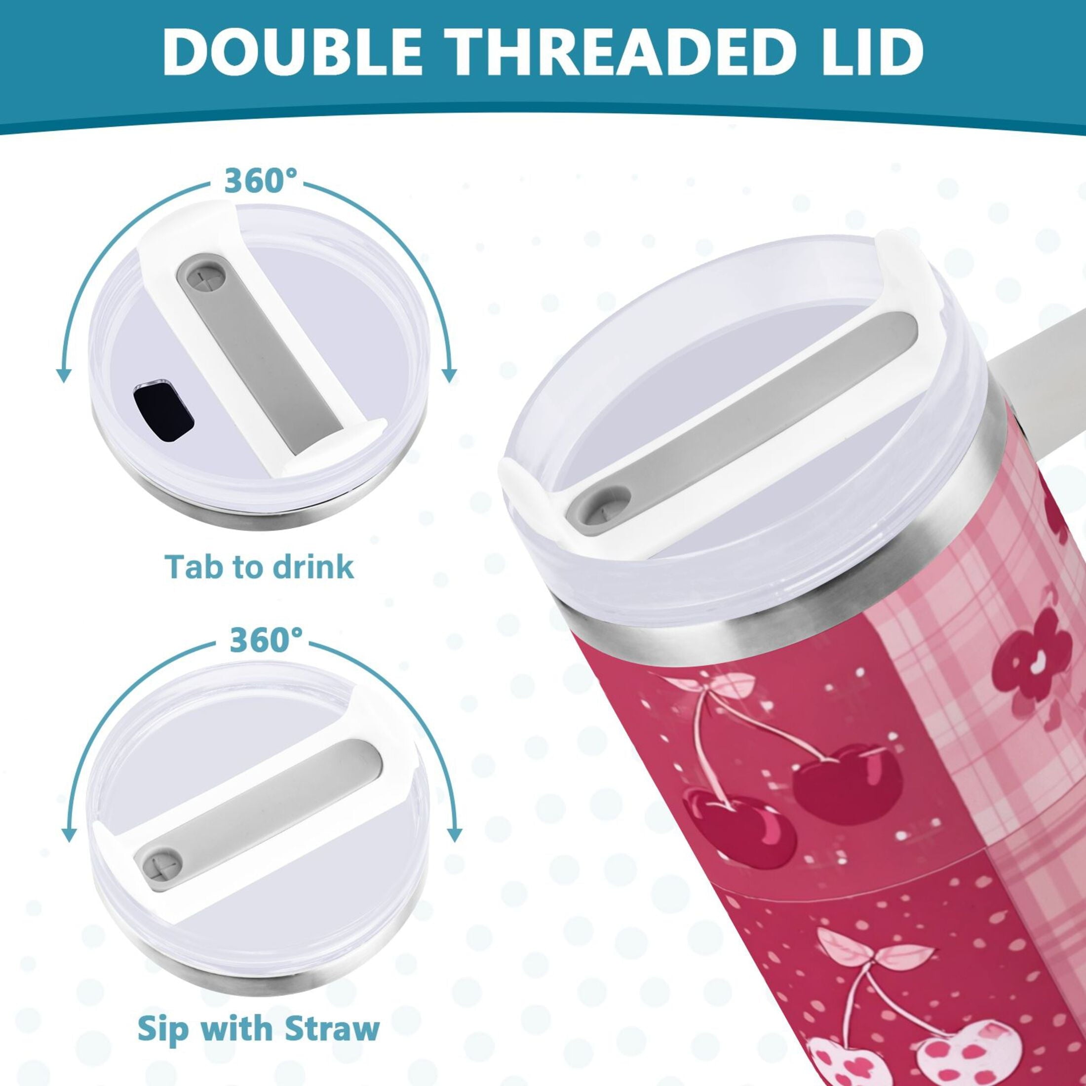 30 oz Insulated Stainless Steel Tumbler Double Wall Stainless Steel Tumbler with 2-Way Drinking Cherry Pattern with Bows C634D