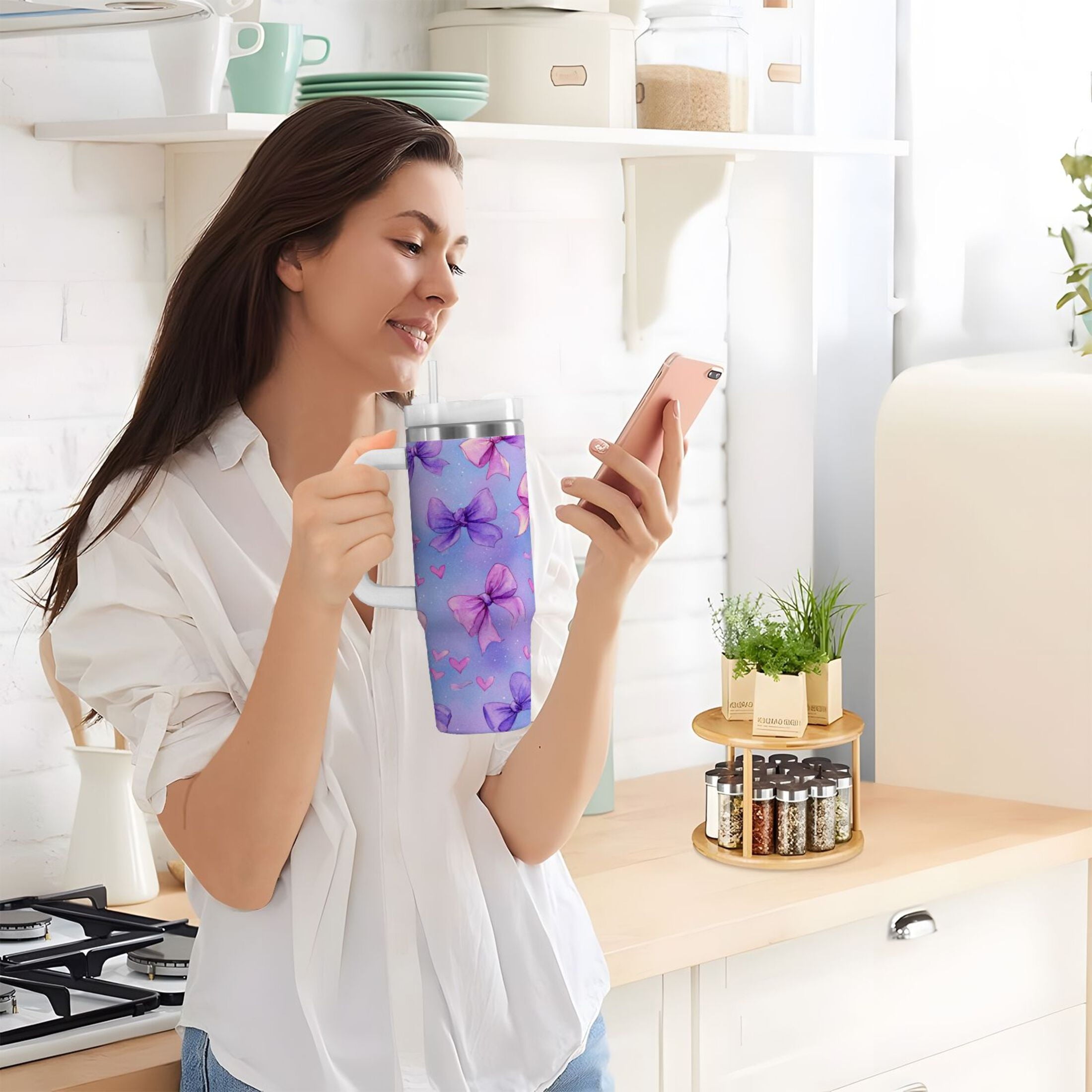 30 oz Insulated Stainless Steel Tumbler Double Wall Stainless Steel Tumbler with 2-Way Drinking Watercolor Bows Pattern C627L