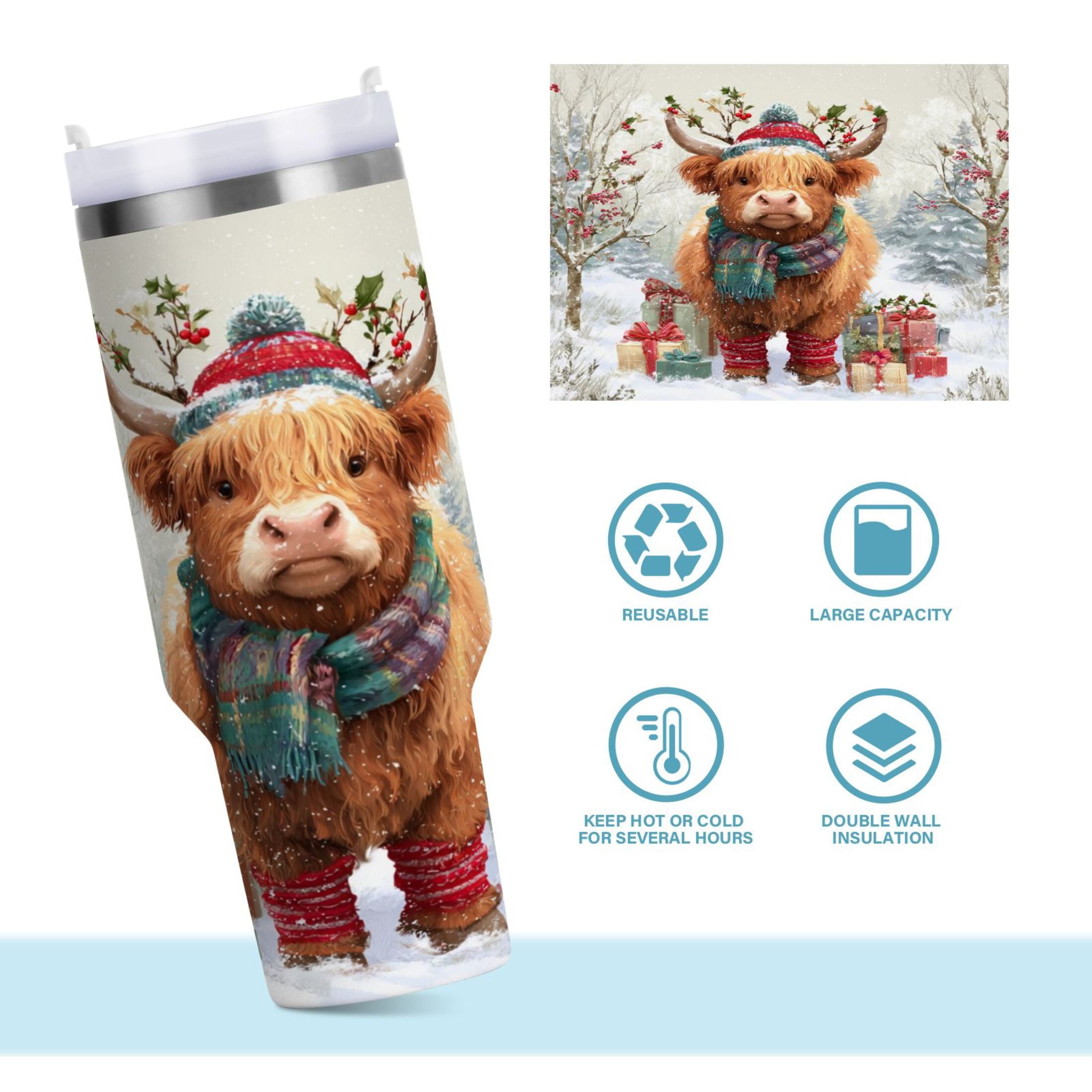 30 oz Insulated Stainless Steel Tumbler Double Wall Stainless Steel Tumbler with 2-Way Drinking Cow Wearing Christmas Hat C681C